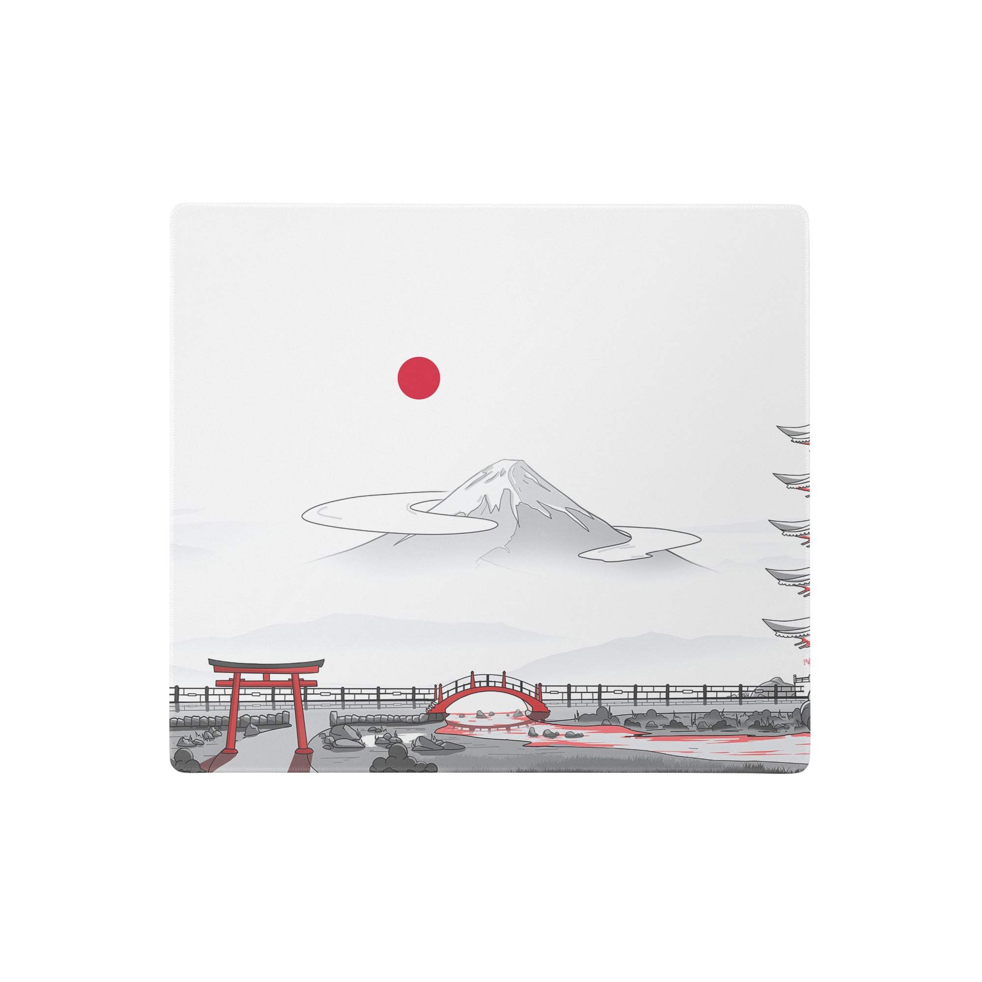 White square mouse pad with minimalist mount fuji, red torii gate, japanese bridge, and rising red sun design