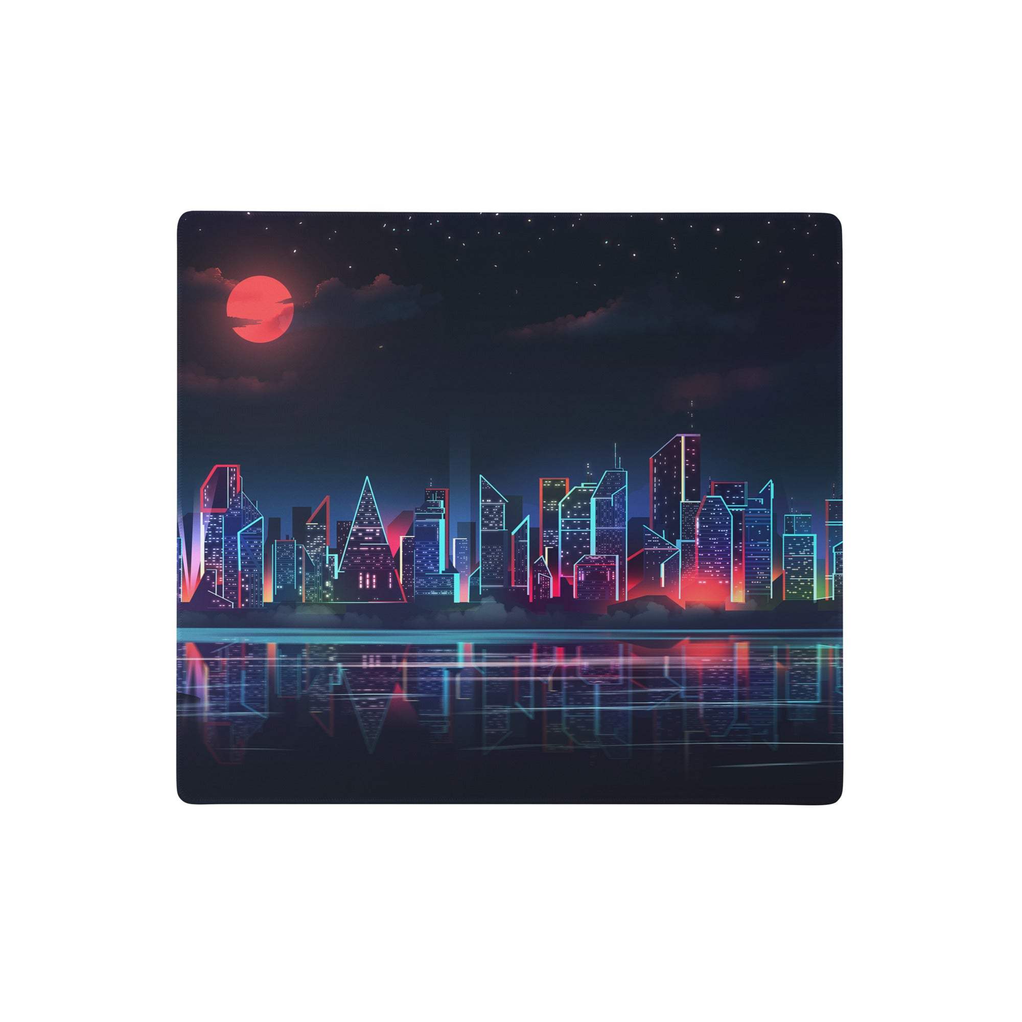 Neon city cyberpunk mouse pad with glowing red moon and blue pink purple neon cityscape reflecting on water