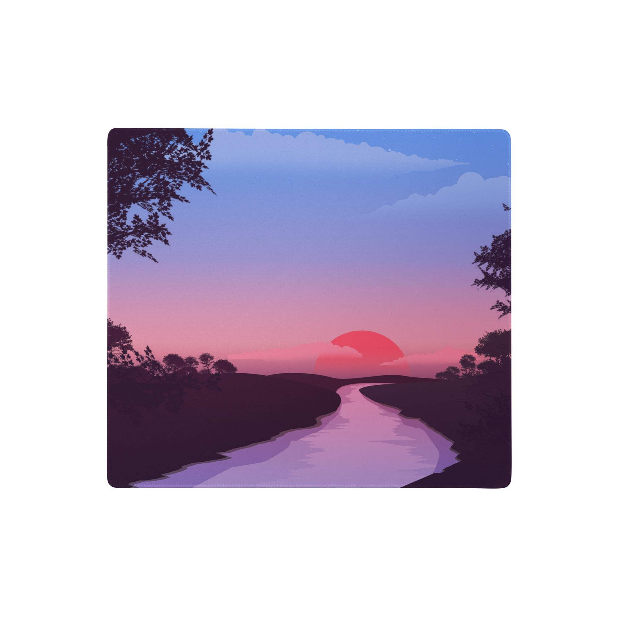 Dreamy sunset landscape mouse pad with purple and pink gradient sky, winding river, silhouetted trees for gaming