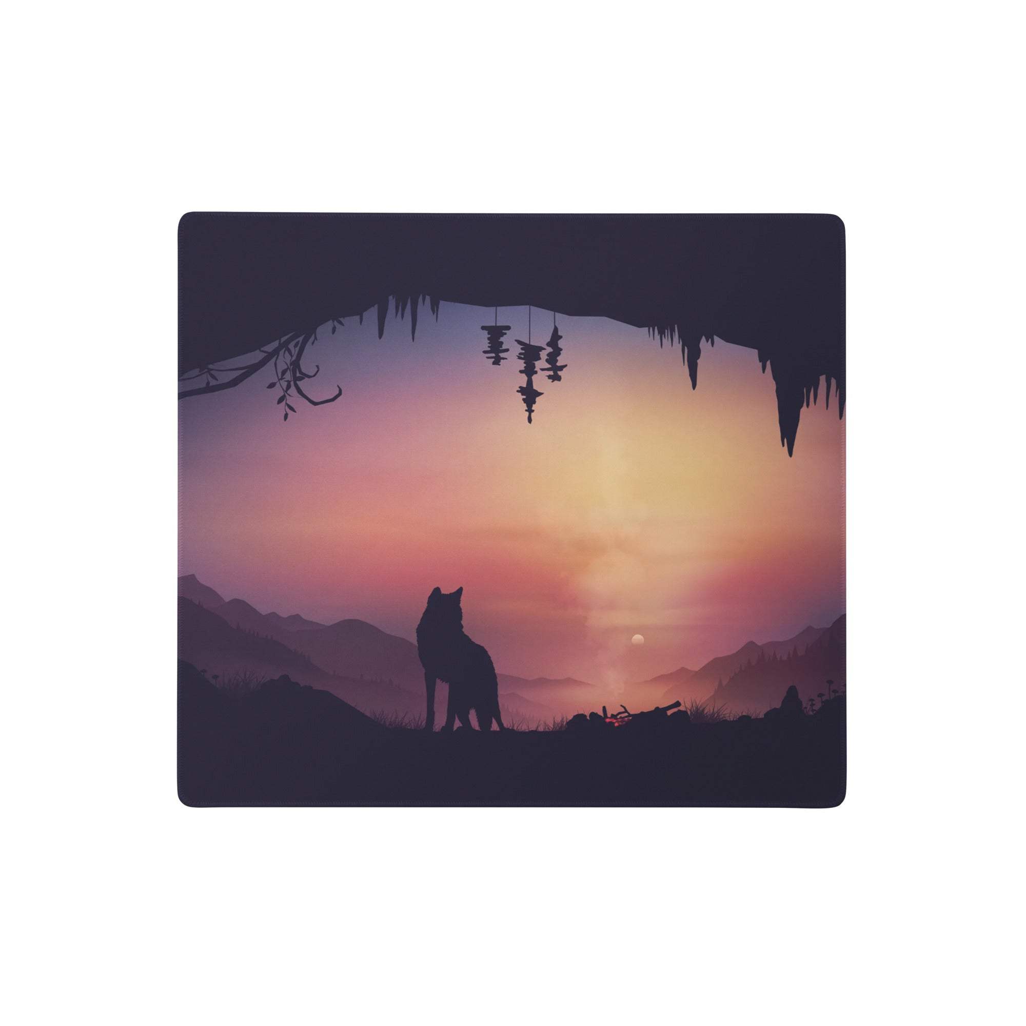 Rectangular large mousepad with a purple orange gradient sunset and wolf silhouette minimalist desk decor