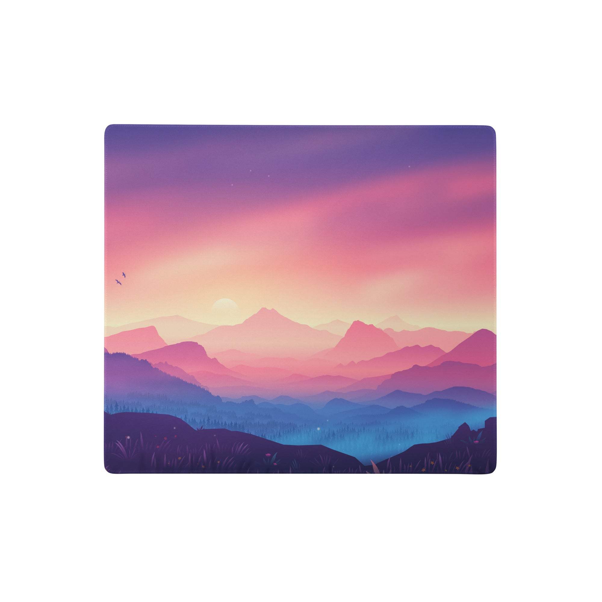 Rectangular gaming mouse pad with vibrant purple sunset gradient and layered mountain design in dreamy pastel colors