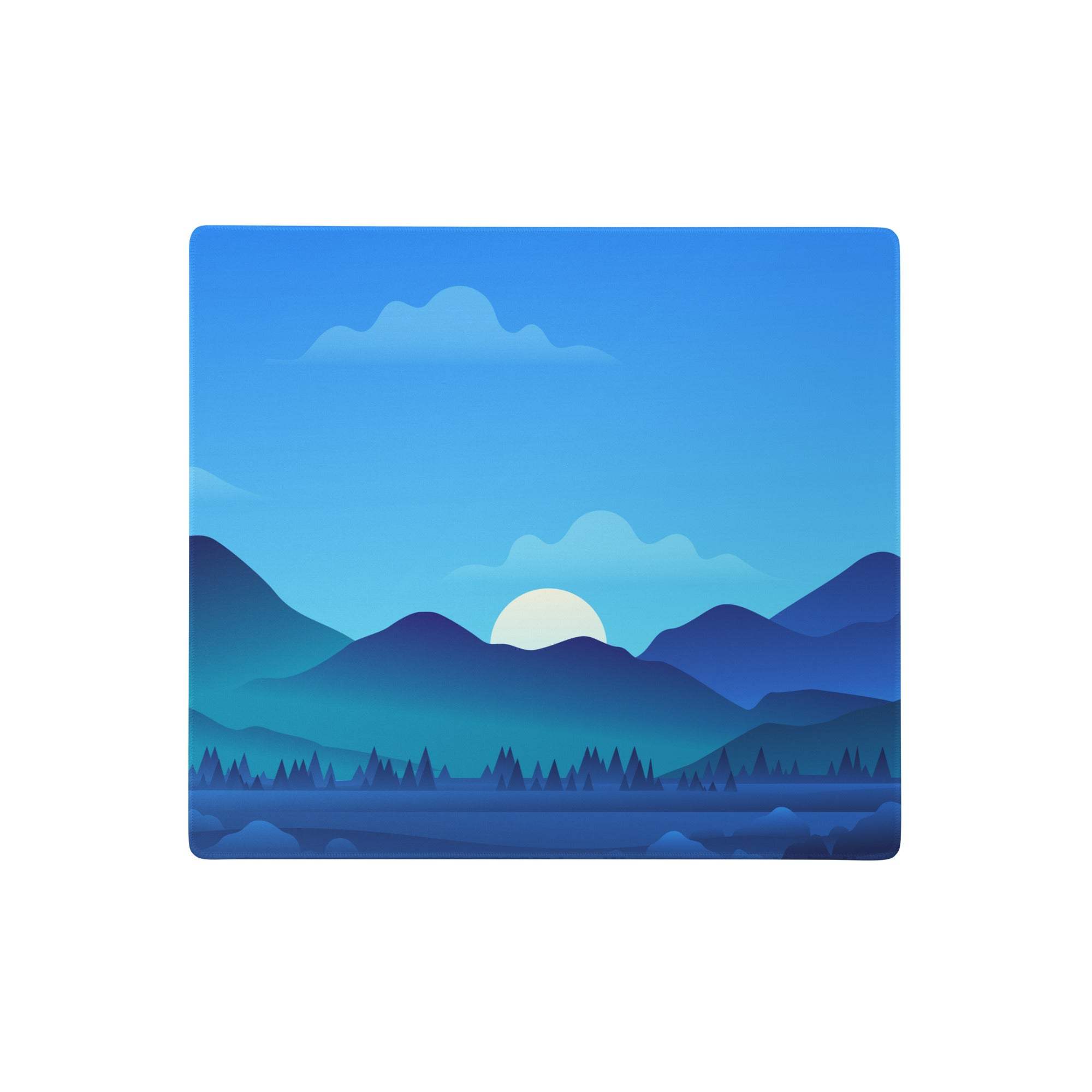 Blue mountain oasis gaming mouse pad with layered peaks, soft gradient sky, glowing sun, and calming modern decor design