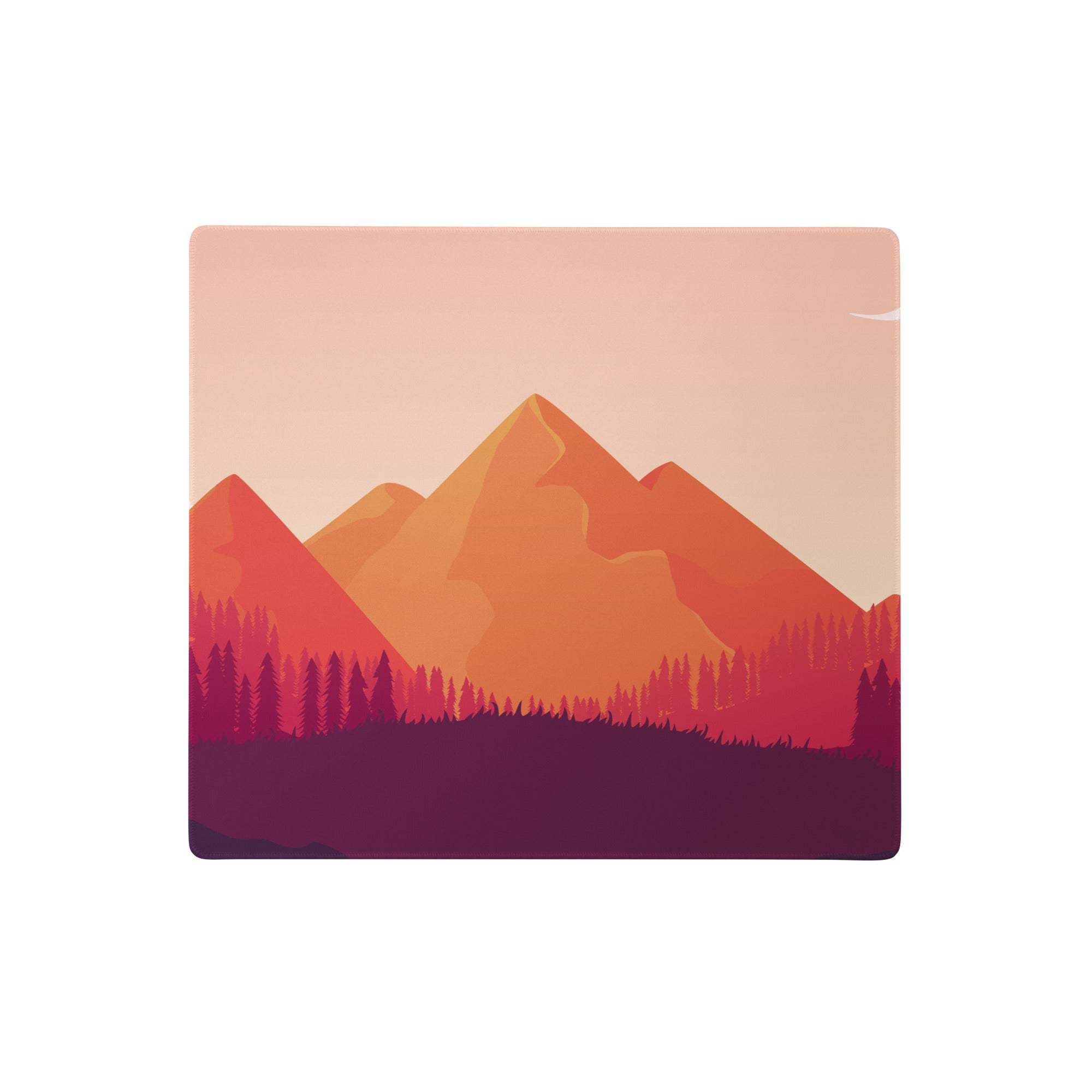 Sunset mountain gradient gaming mouse pad with a stylized orange pink and purple mountain landscape design