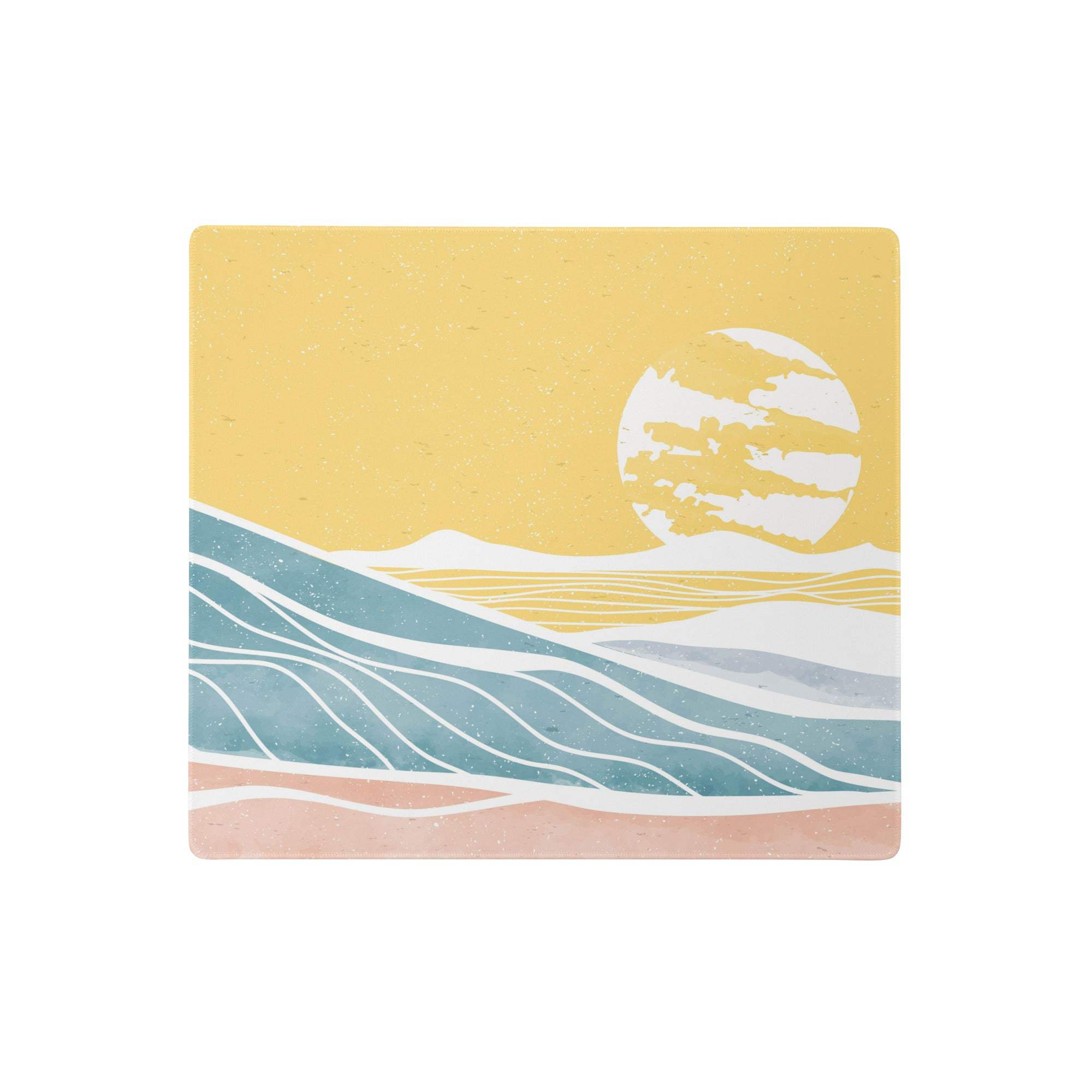 Square ceramic coaster with stylized desert sunset design in teal peach and white against a textured yellow sky