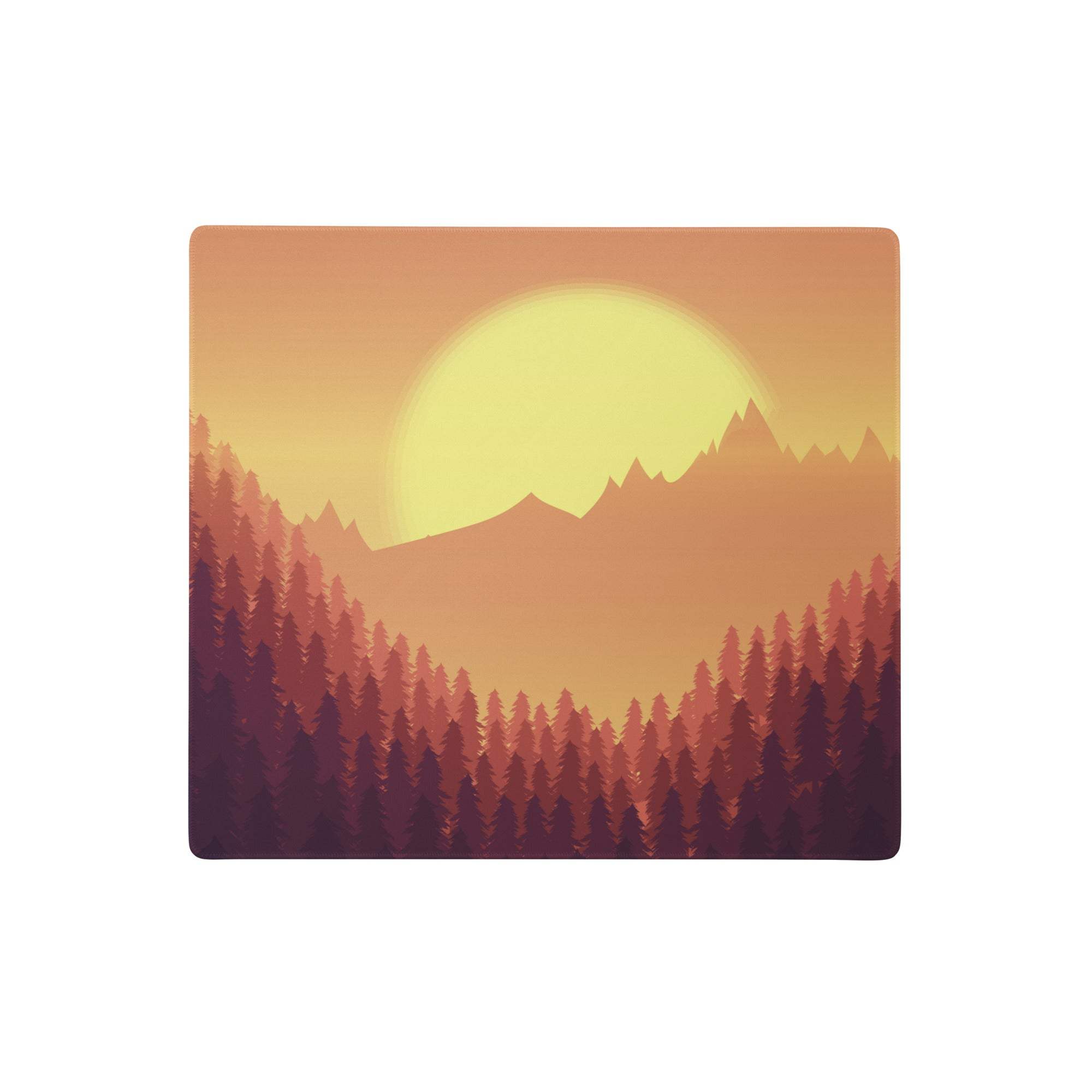Square gaming mouse pad with stylized sunset over mountains and pine trees in orange purple gradient colors