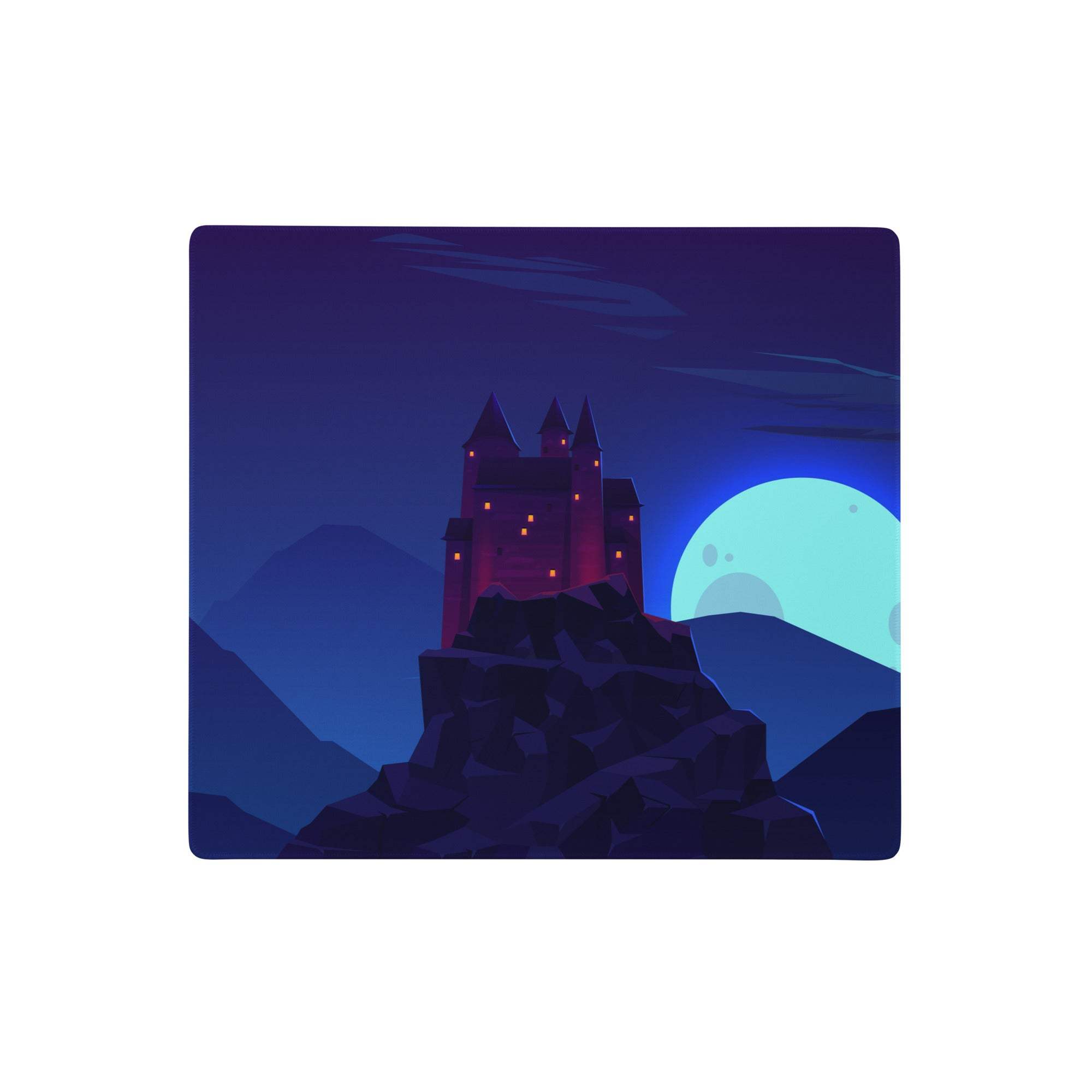Stylized dark red castle with glowing windows under a pale blue moon on a blue gaming mouse pad desk mat