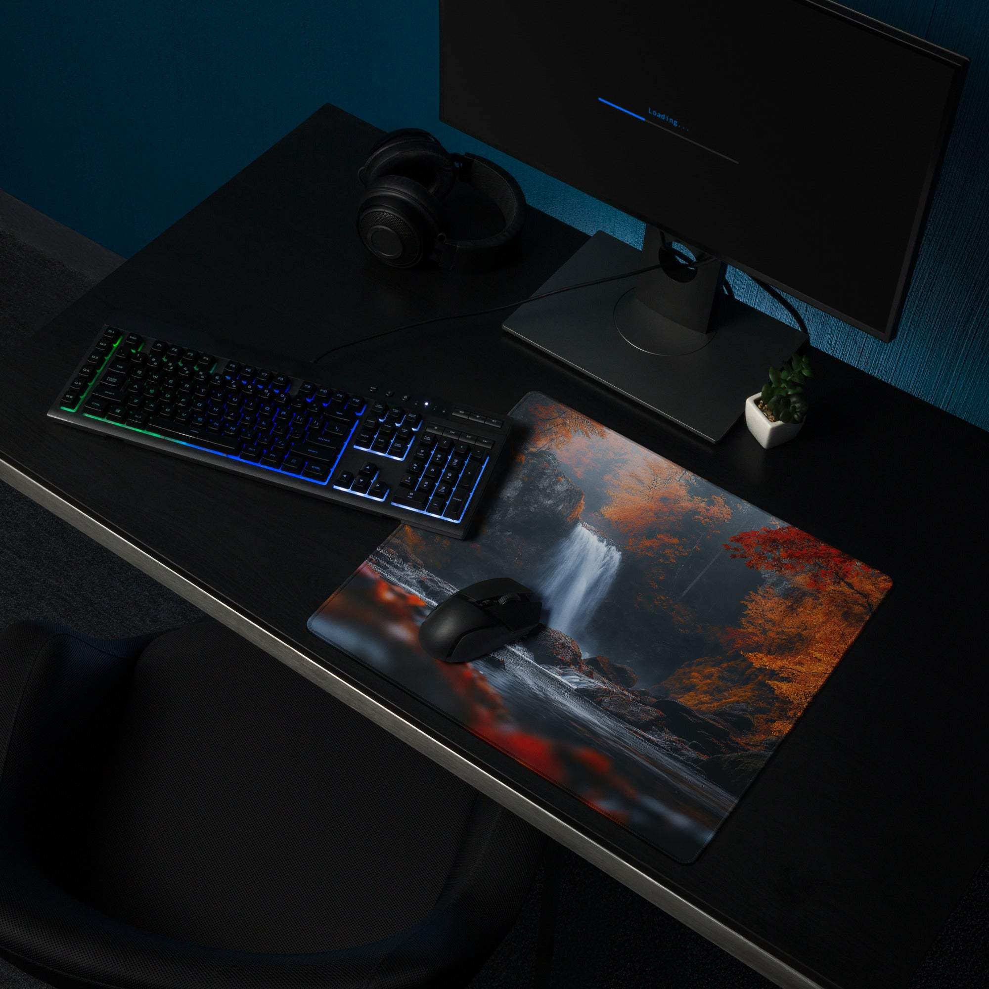 Autumn forest waterfall gaming mouse pad with non-slip backing