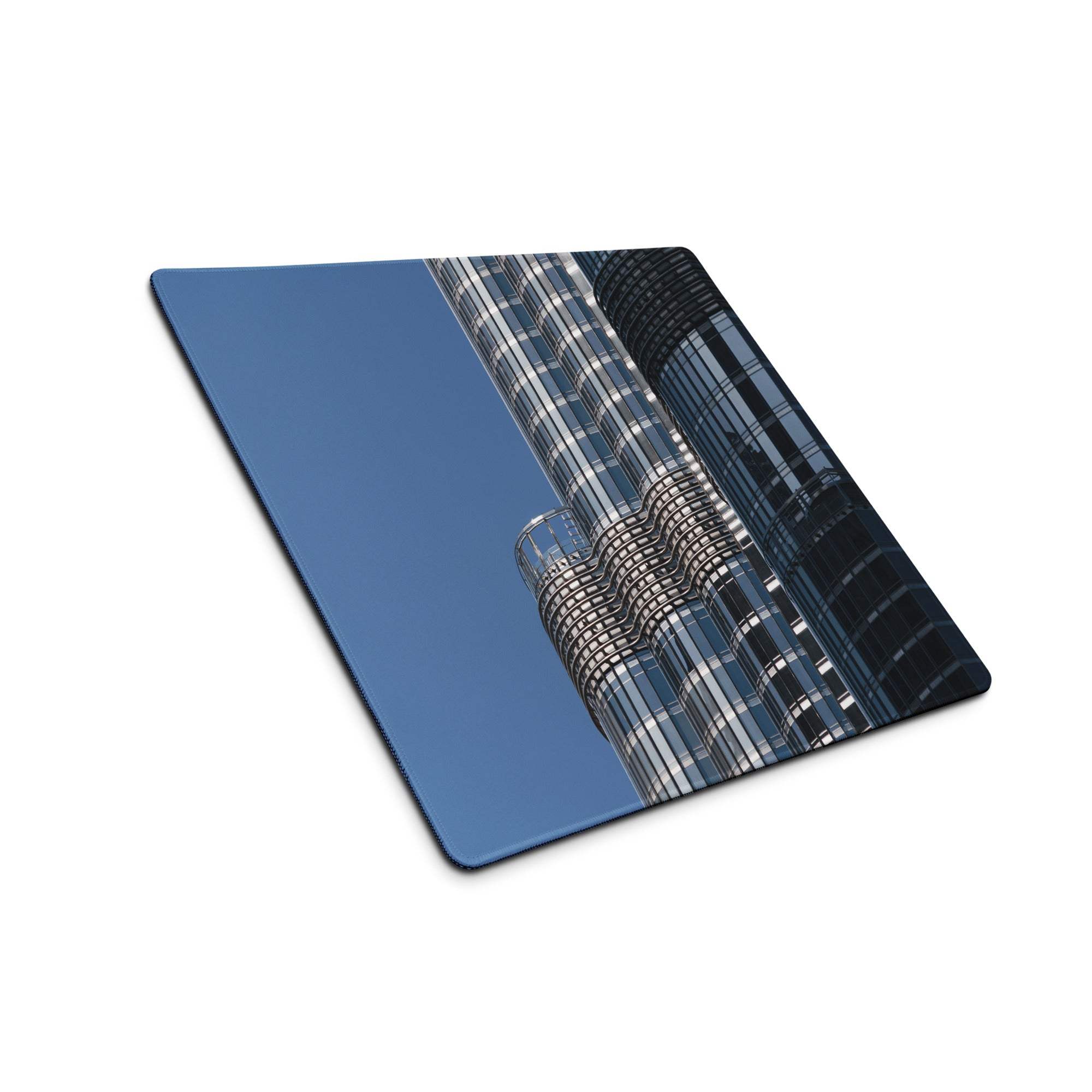 Premium large blue cityscape gaming mouse pad with skyscrapers, non-slip base, stitched edge