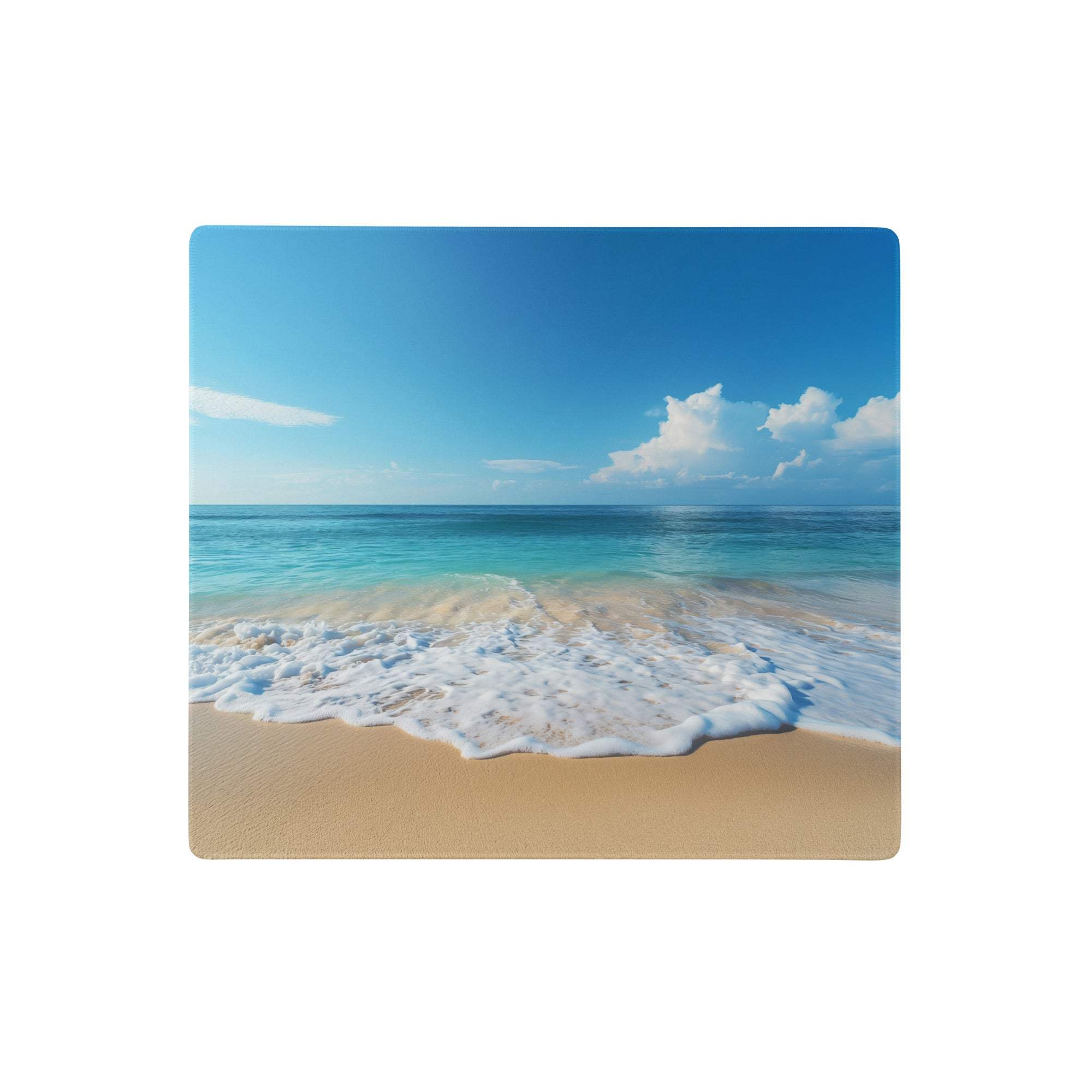 Beige beach scene desk pad featuring turquoise ocean waves and white foam on golden sand for coastal home office