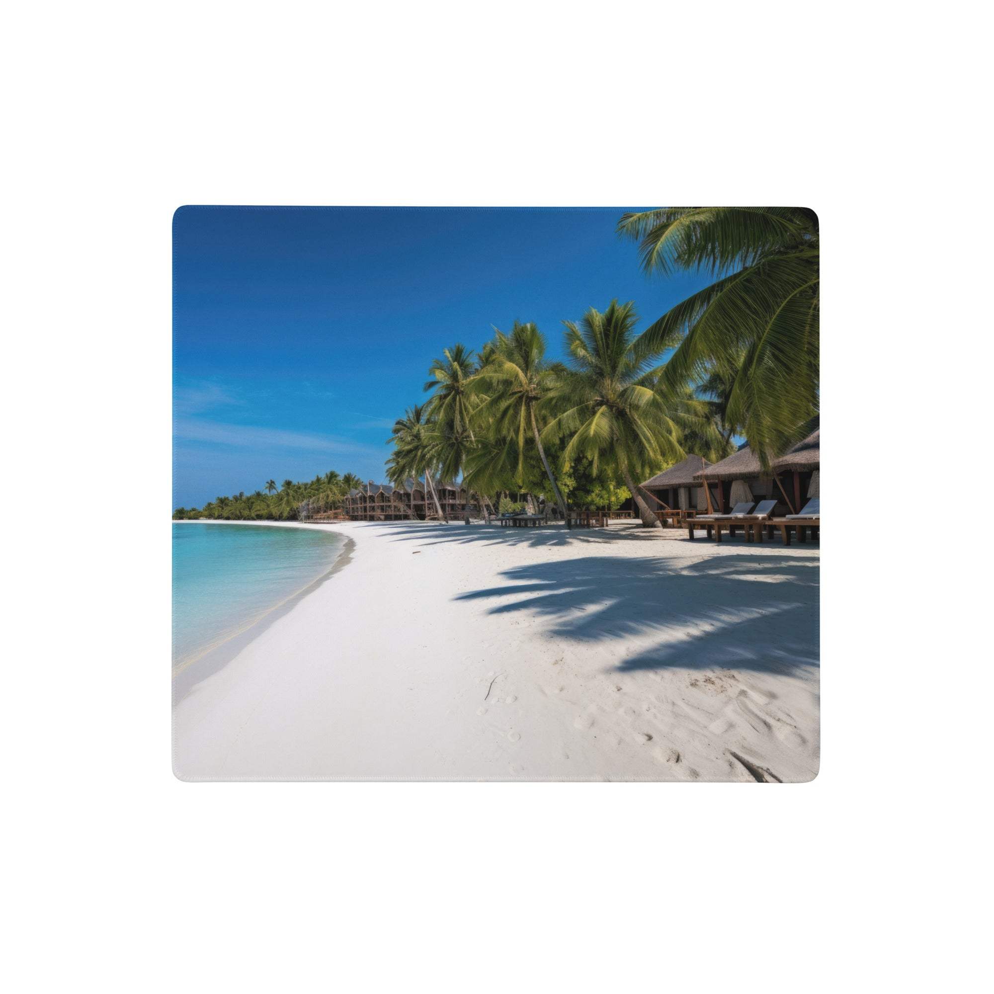 Tropical beach paradise desk pad with turquoise water white sand and green palm trees coastal vibrant print