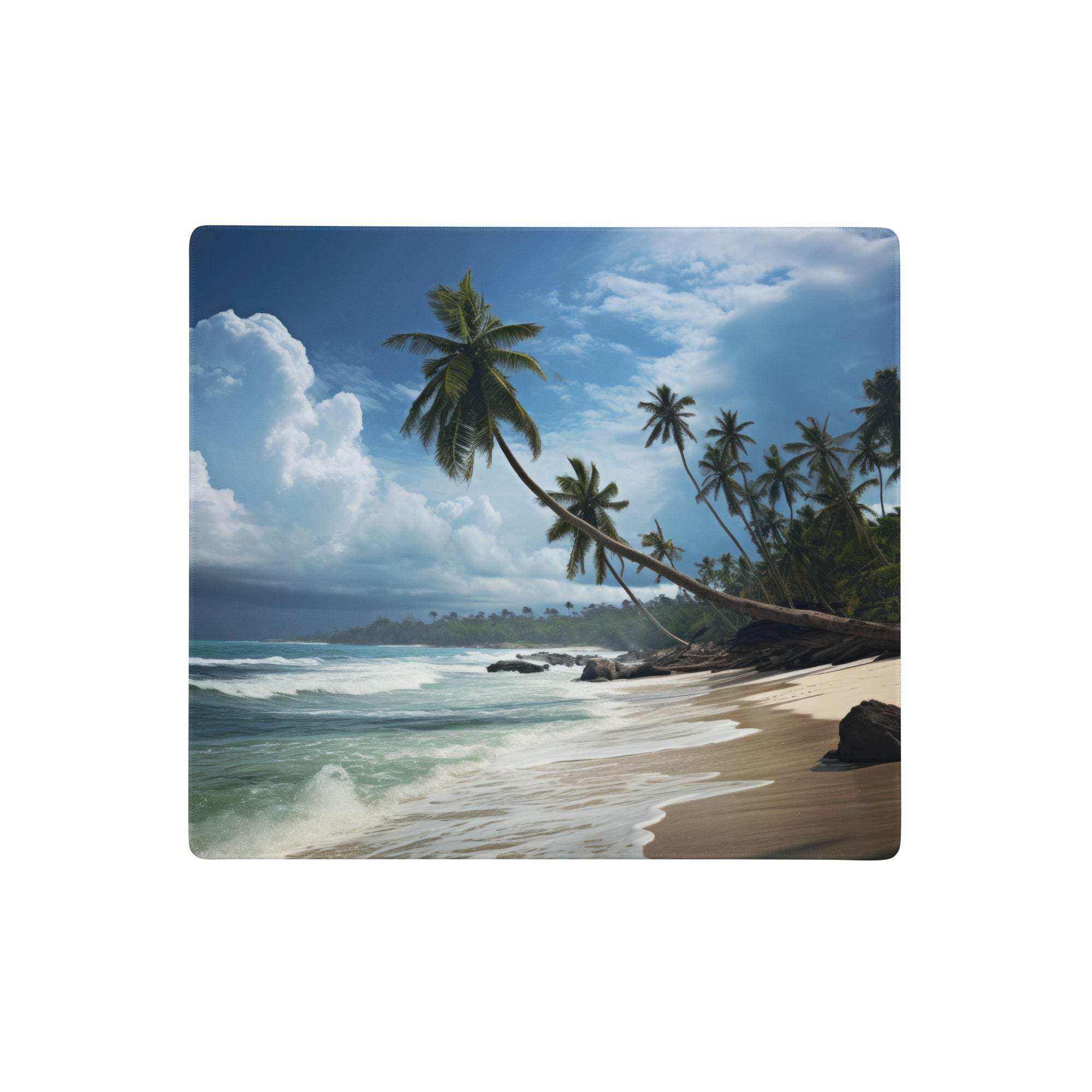 Beige tropical palm paradise gaming mouse pad with coastal landscape, palm trees, turquoise waves, and blue sky ocean theme