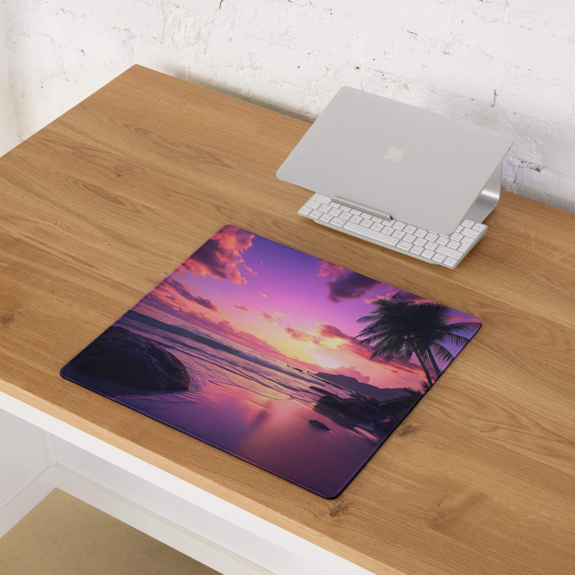 Purple pink sunset beach mousepad with palm trees non-slip base
