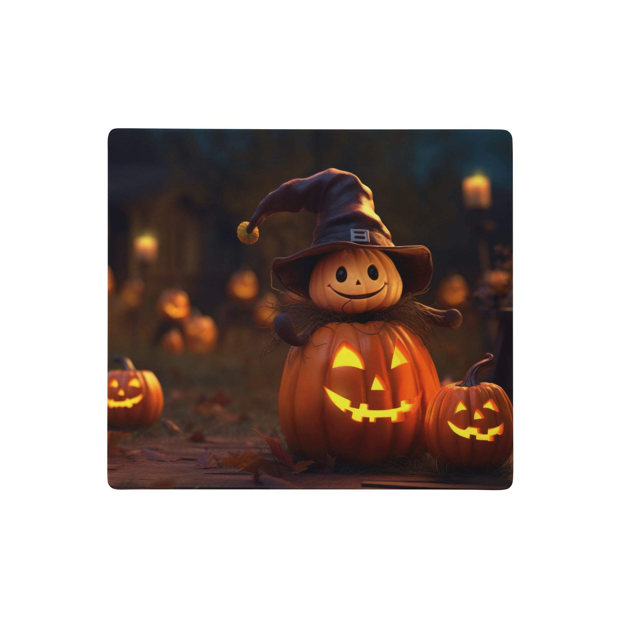 A square halloween pumpkin glow mouse pad with a smiling orange pumpkin scarecrow in a black witch hat surrounded by glowing jack-o-lanterns
