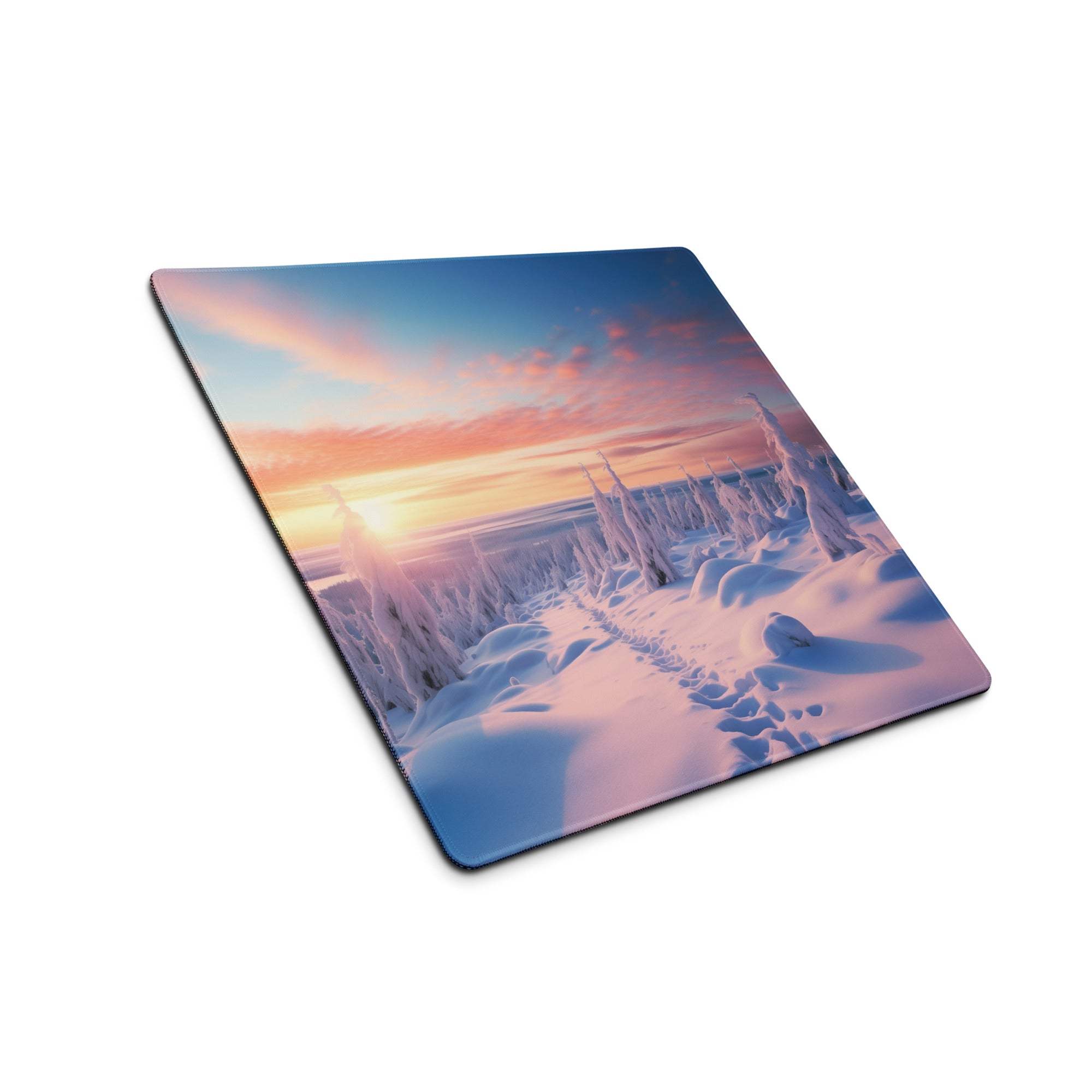 Square Serene Winter Sunset gaming mouse pad with frosted pines