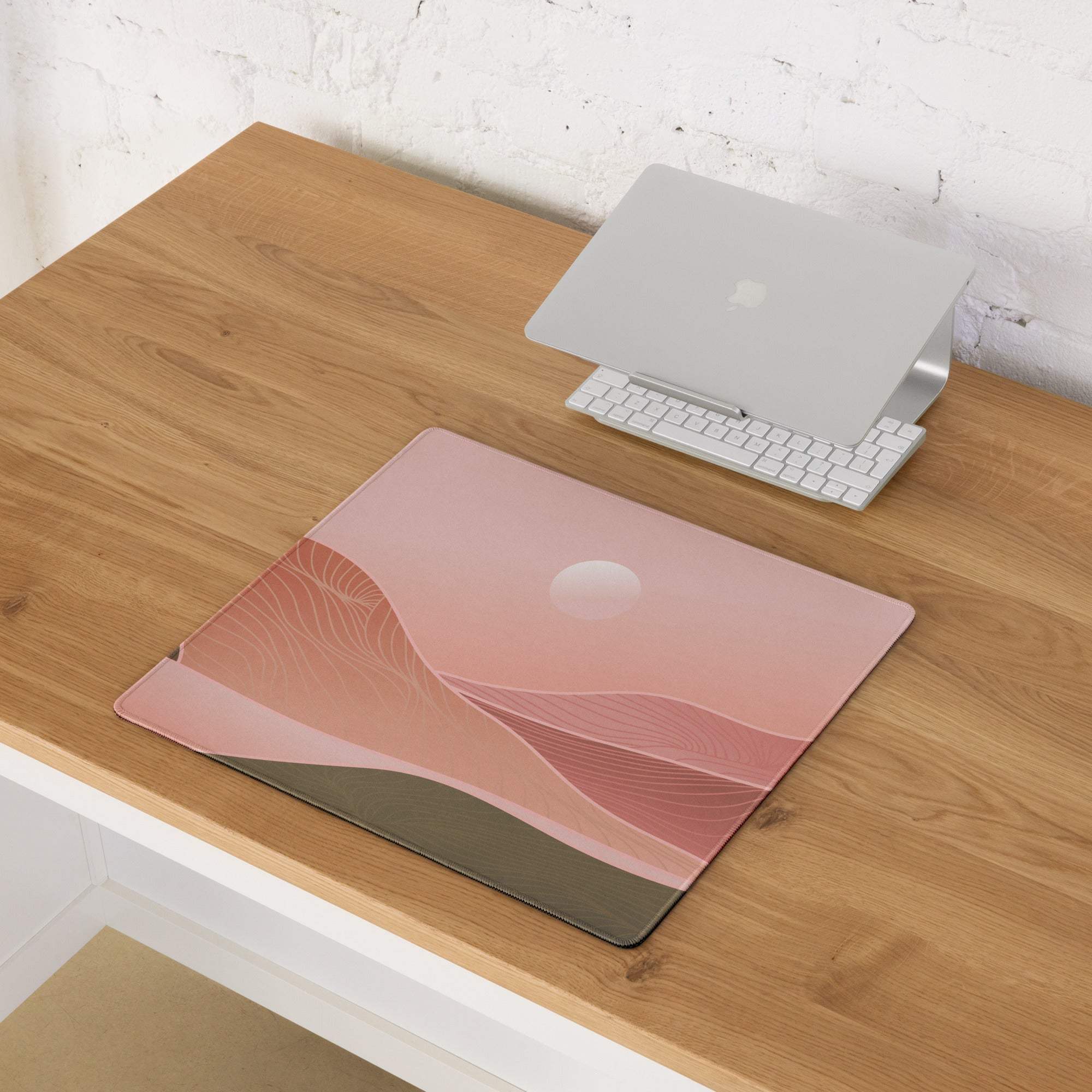Boho pink gradient mouse pad with soft moody beige and pink abstract landscape wave patterns for home office use