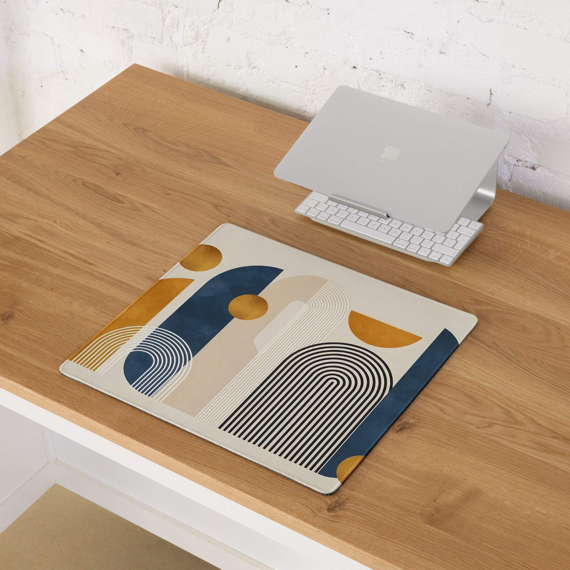 A rectangular geometric boho abstract mouse pad with navy blue mustard yellow black shapes on cream background for desk use