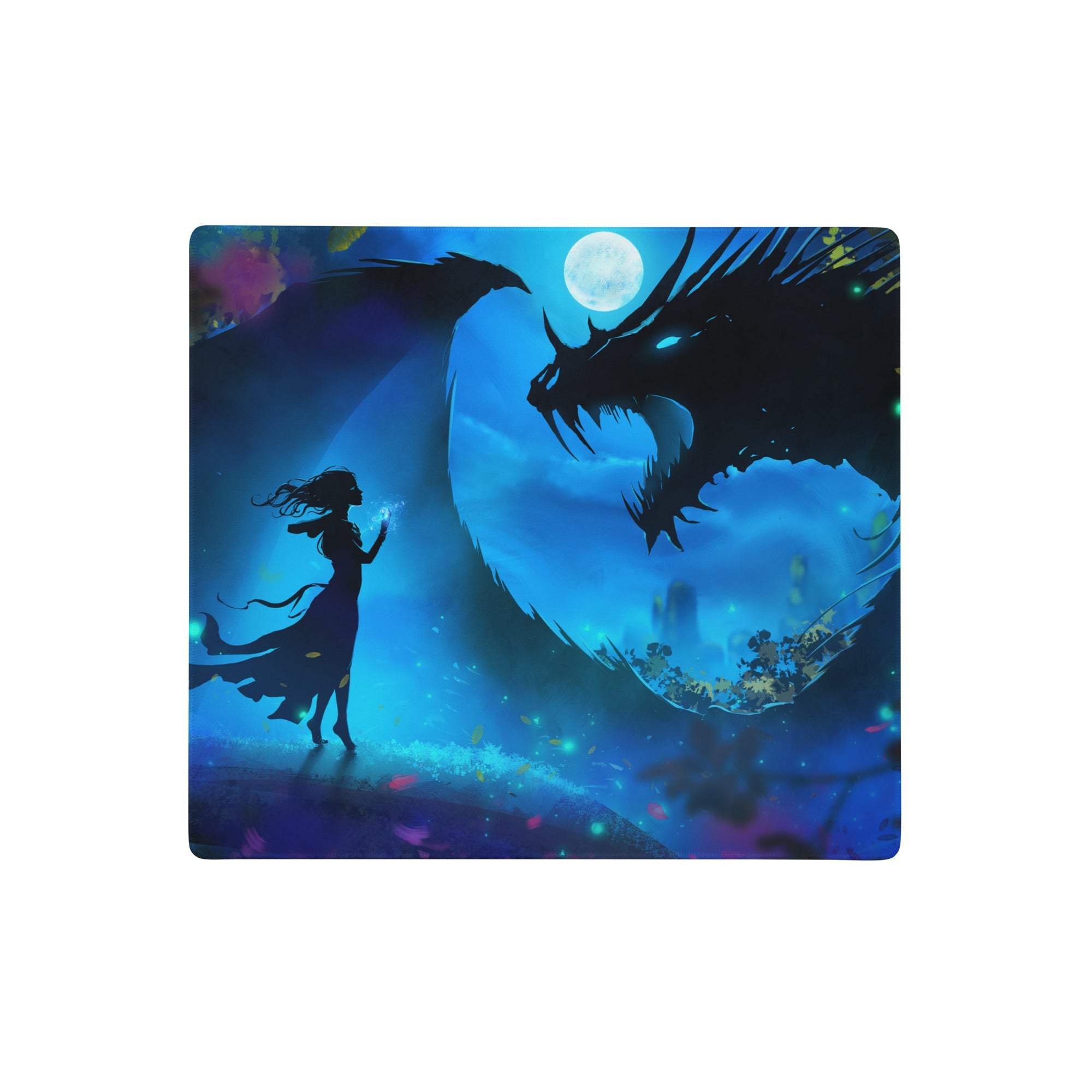 Blue night dragon gaming mouse pad with a blue fantasy silhouette of a girl and dragon under a full moon in neon style