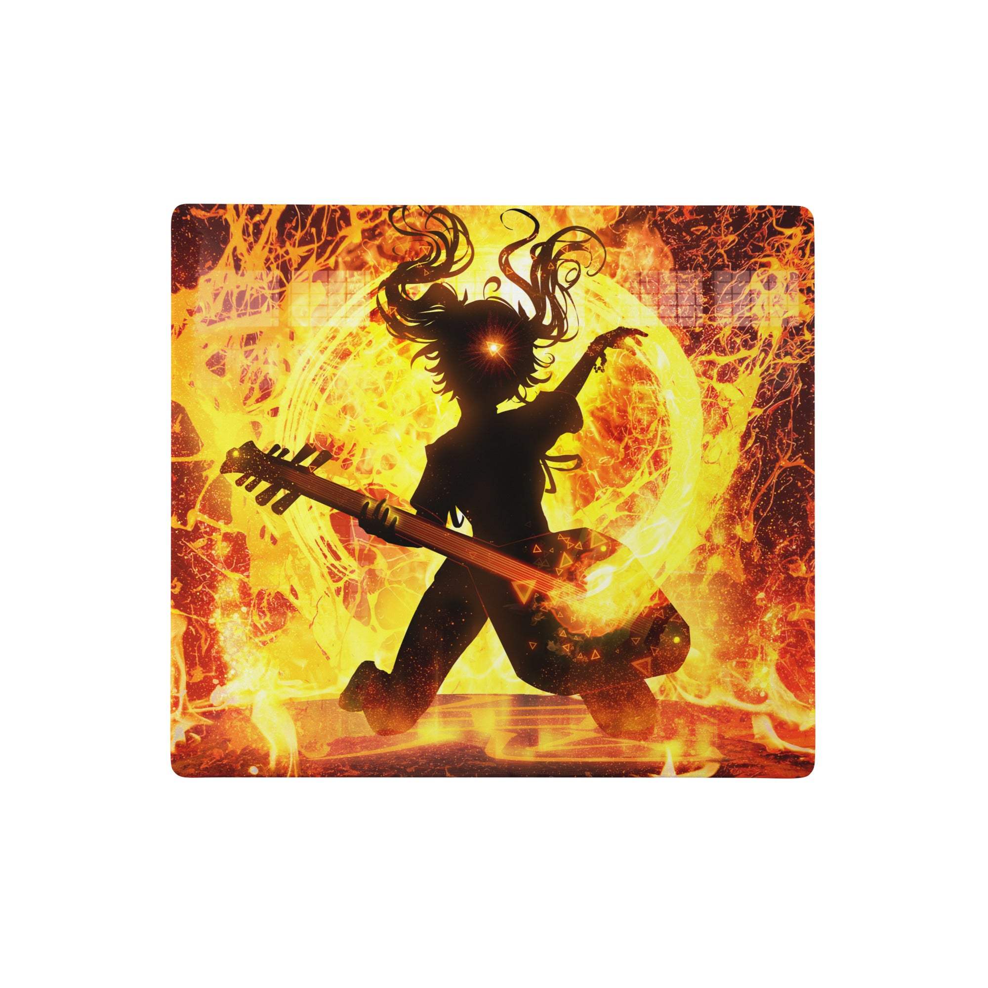 Fiery guitar goddess mouse pad with vibrant orange and yellow flame design and anime-style guitarist silhouette