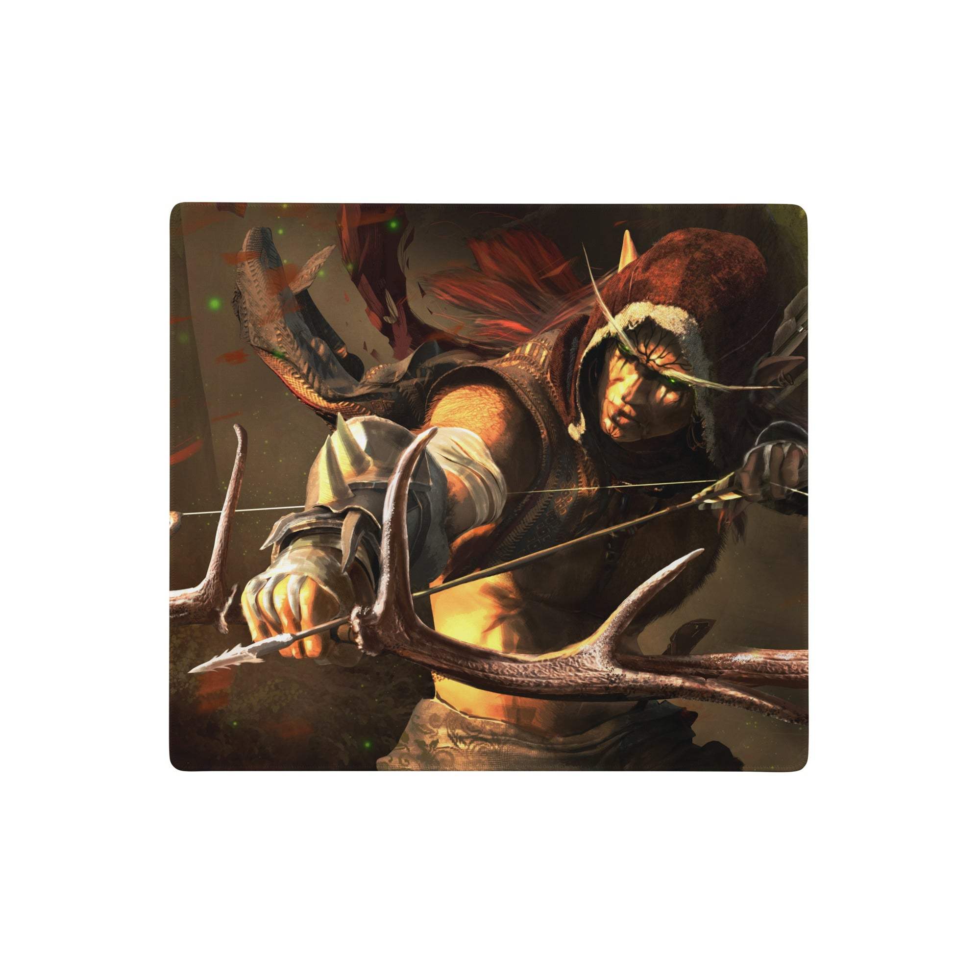 Dark forest warrior gaming mouse pad with rectangular shape and red-haired elf archer in dark green and burnt orange tones