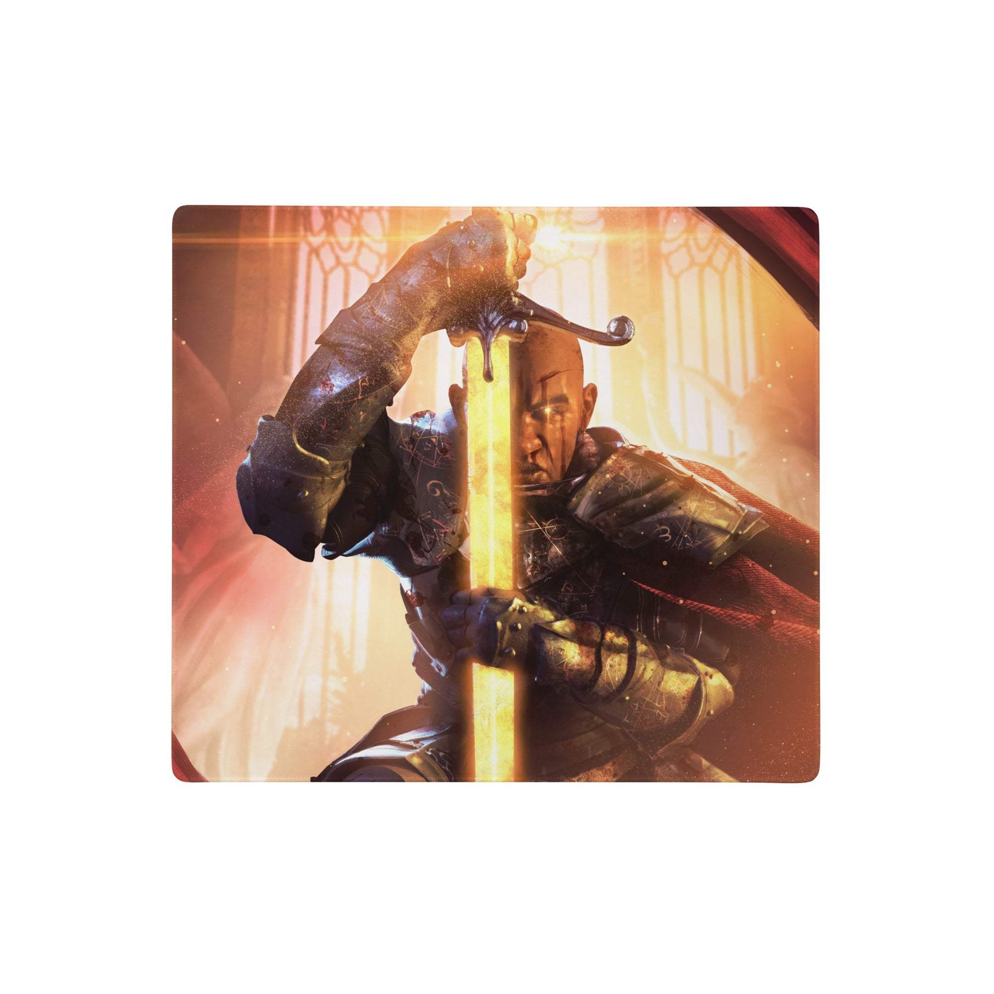 A rectangular gaming mousepad with an armored warrior holding a glowing sword in orange red tones for gamers
