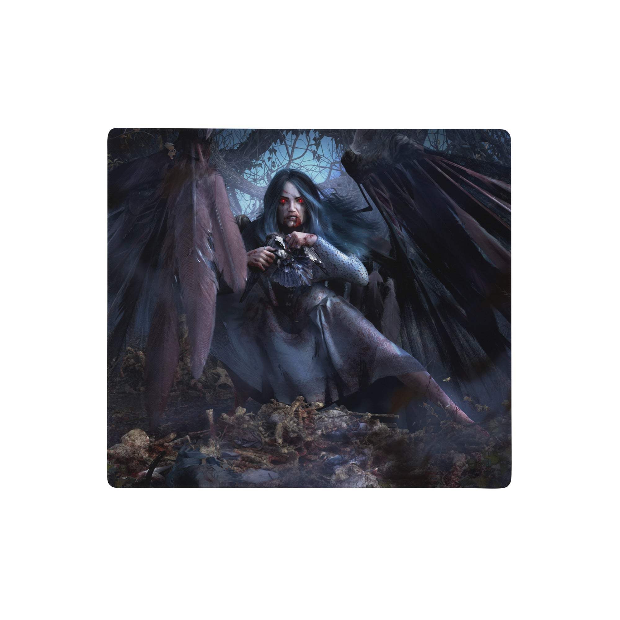 Dark fantasy gothic vampire mouse pad with winged figure illustration in black blue and red for gaming desk use