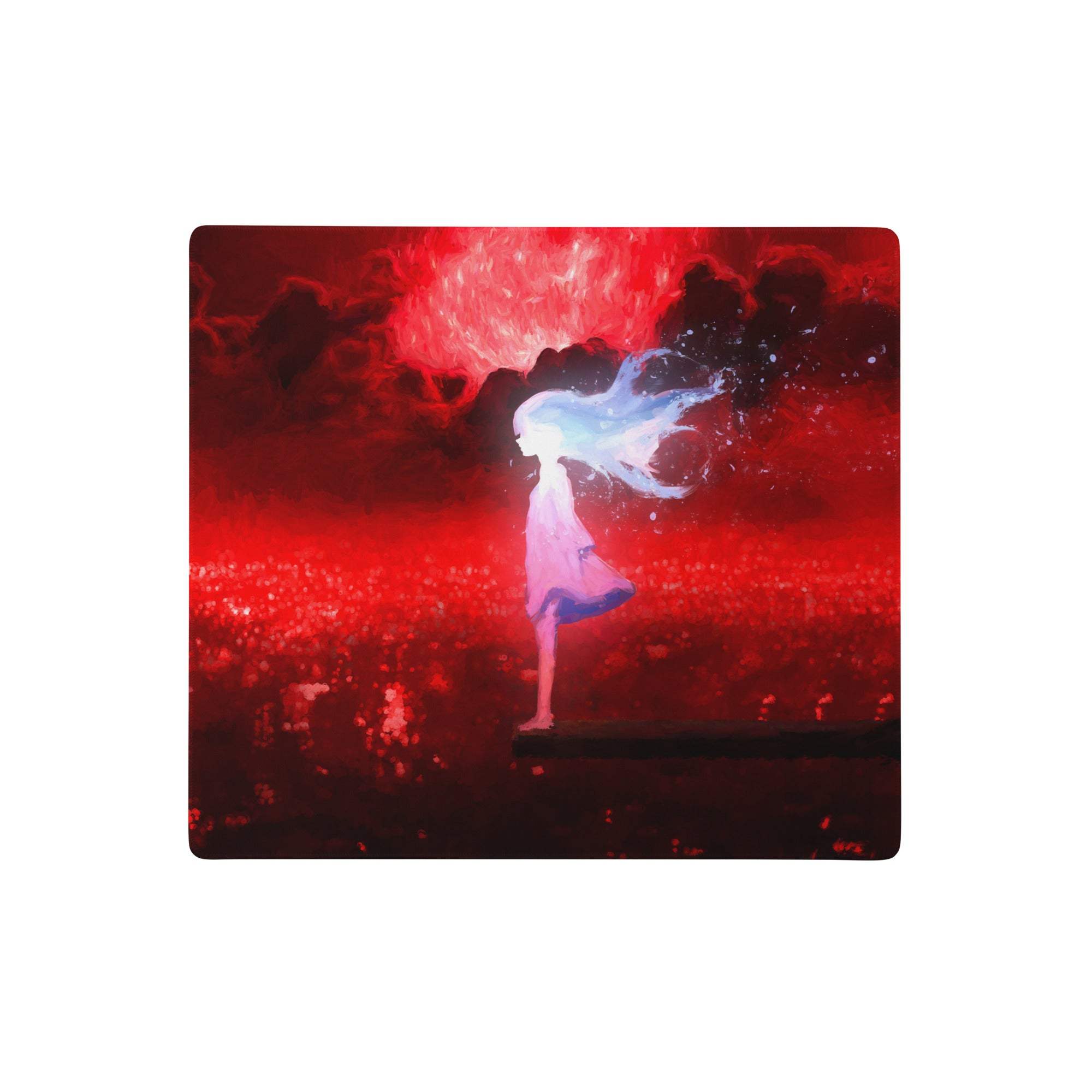 Red and black anime art mouse pad featuring a stylized anime girl with white hair against a fiery red sky