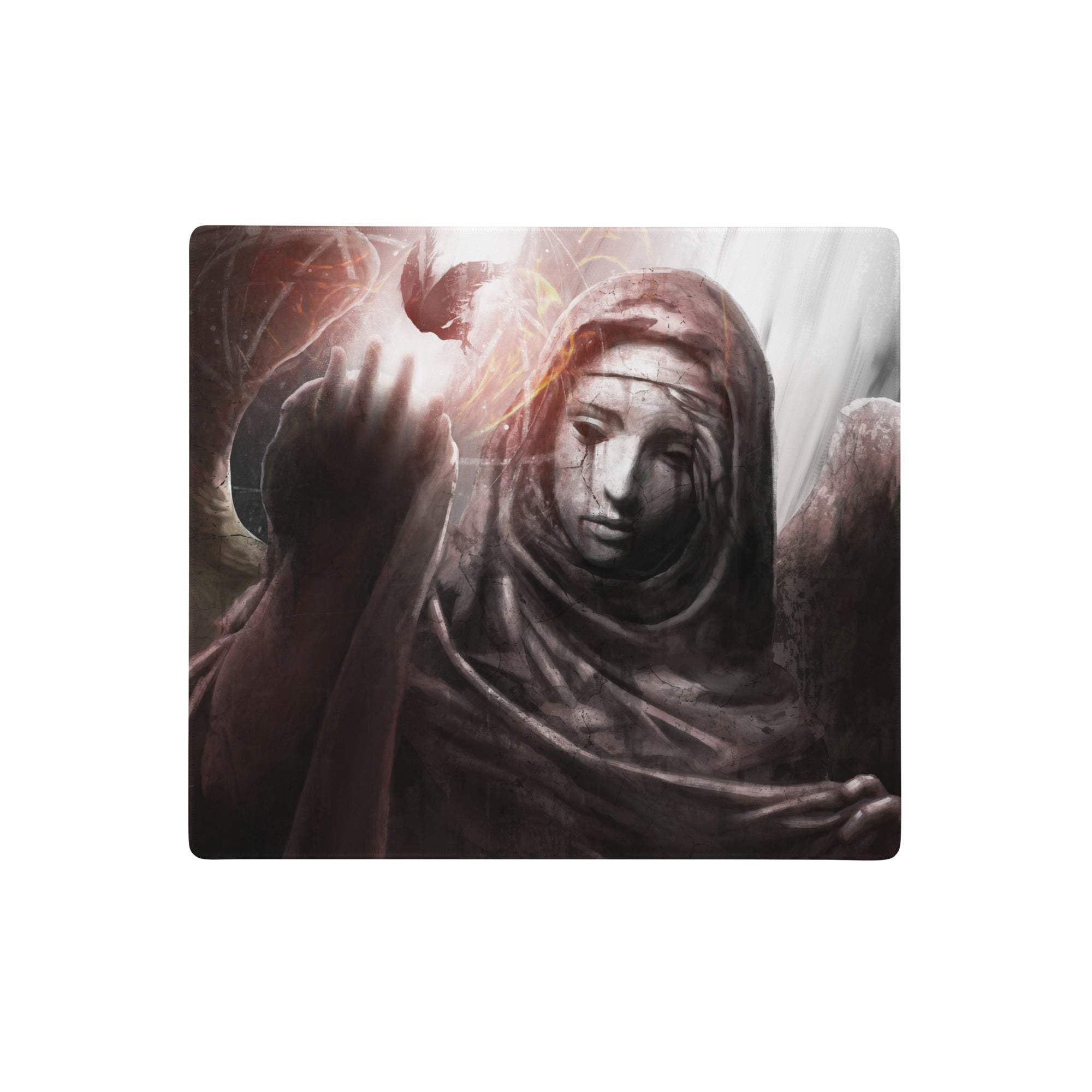 Dark neon scifi rectangular mousepad with moody angelic figure glowing light black gray red accents for gaming desk