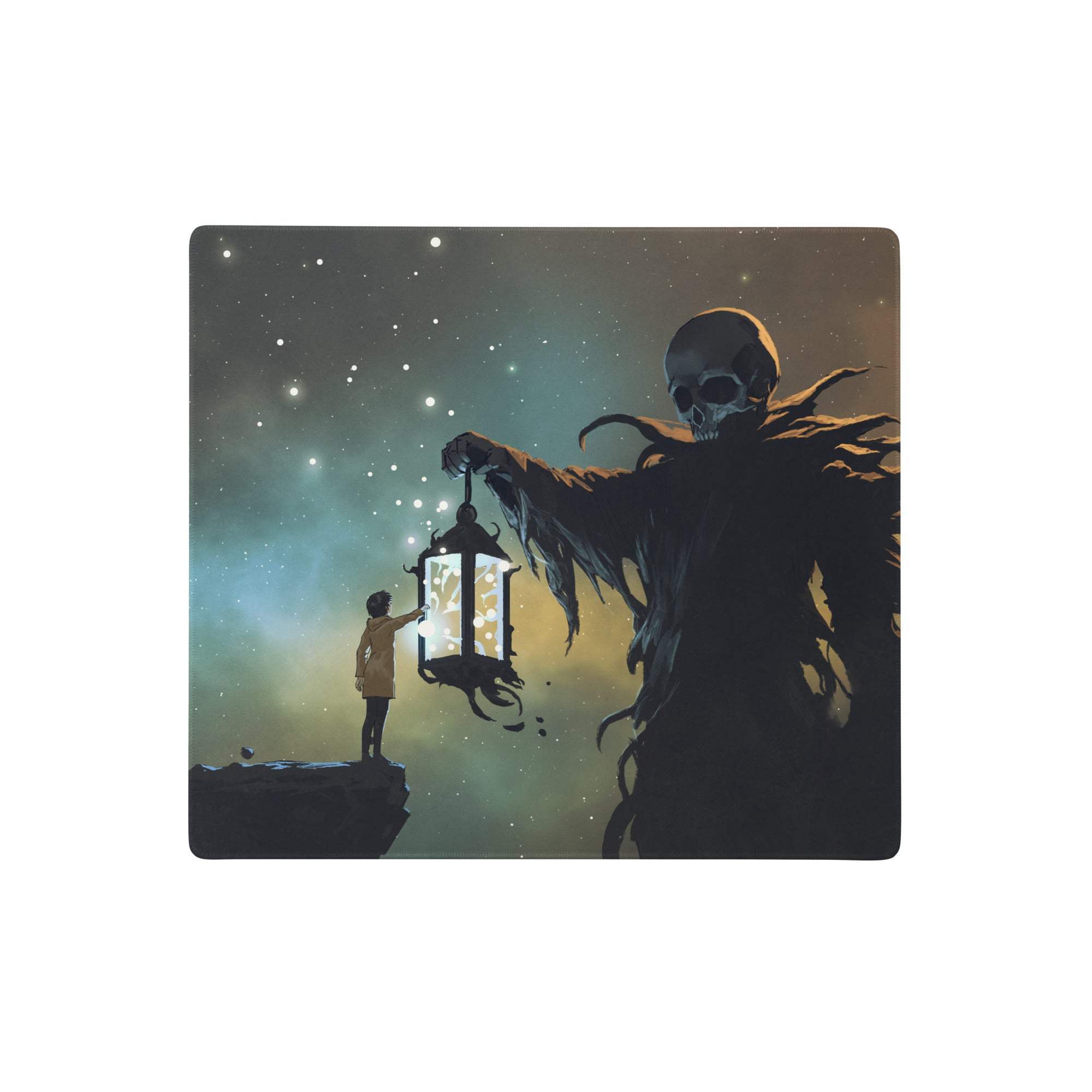 Nebula night monster mouse pad with dark blue teal digital art of a skeletal figure holding a lantern over a child under stars