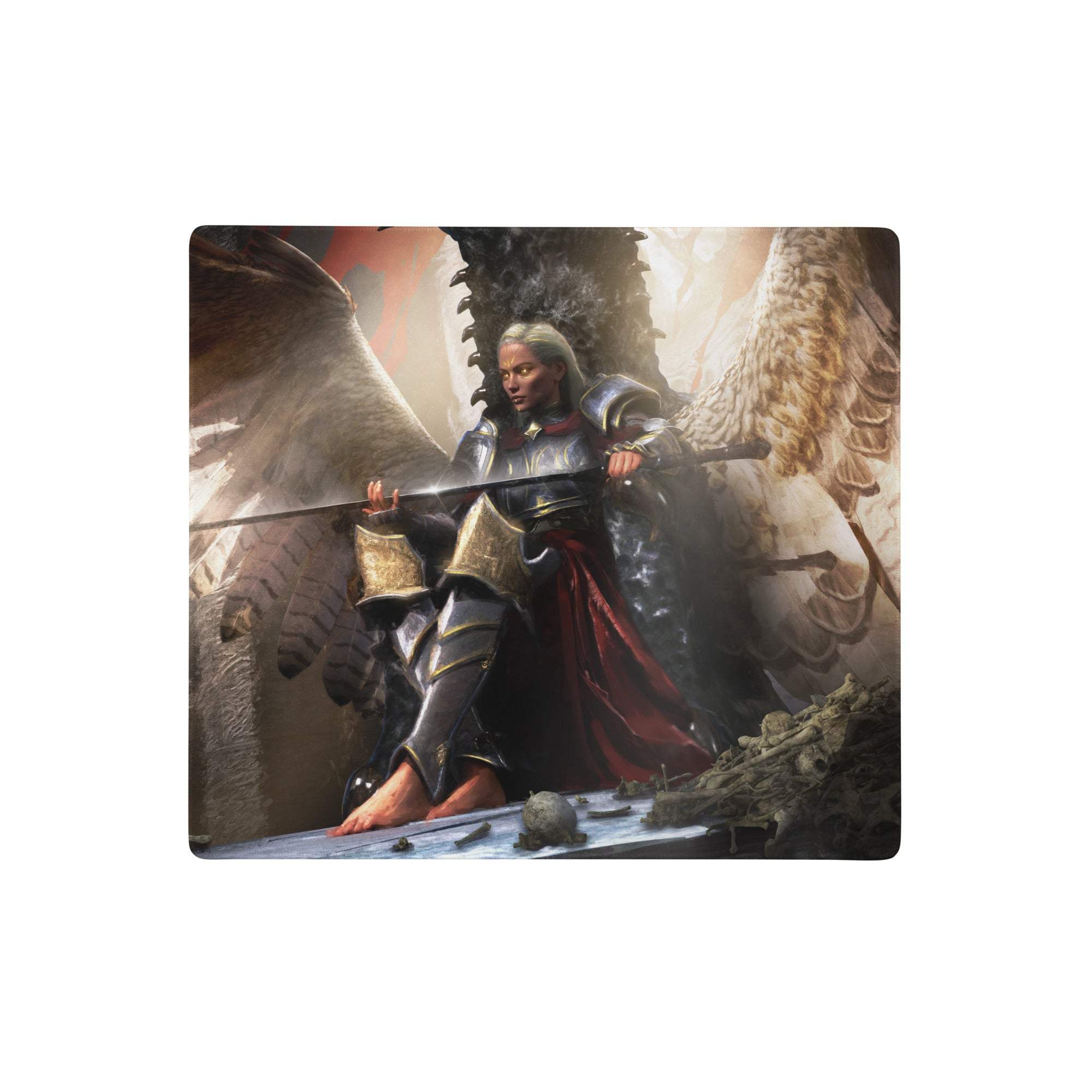Rectangular gaming mouse pad featuring a black and gold armored dragon knight with silver hair and massive wings design
