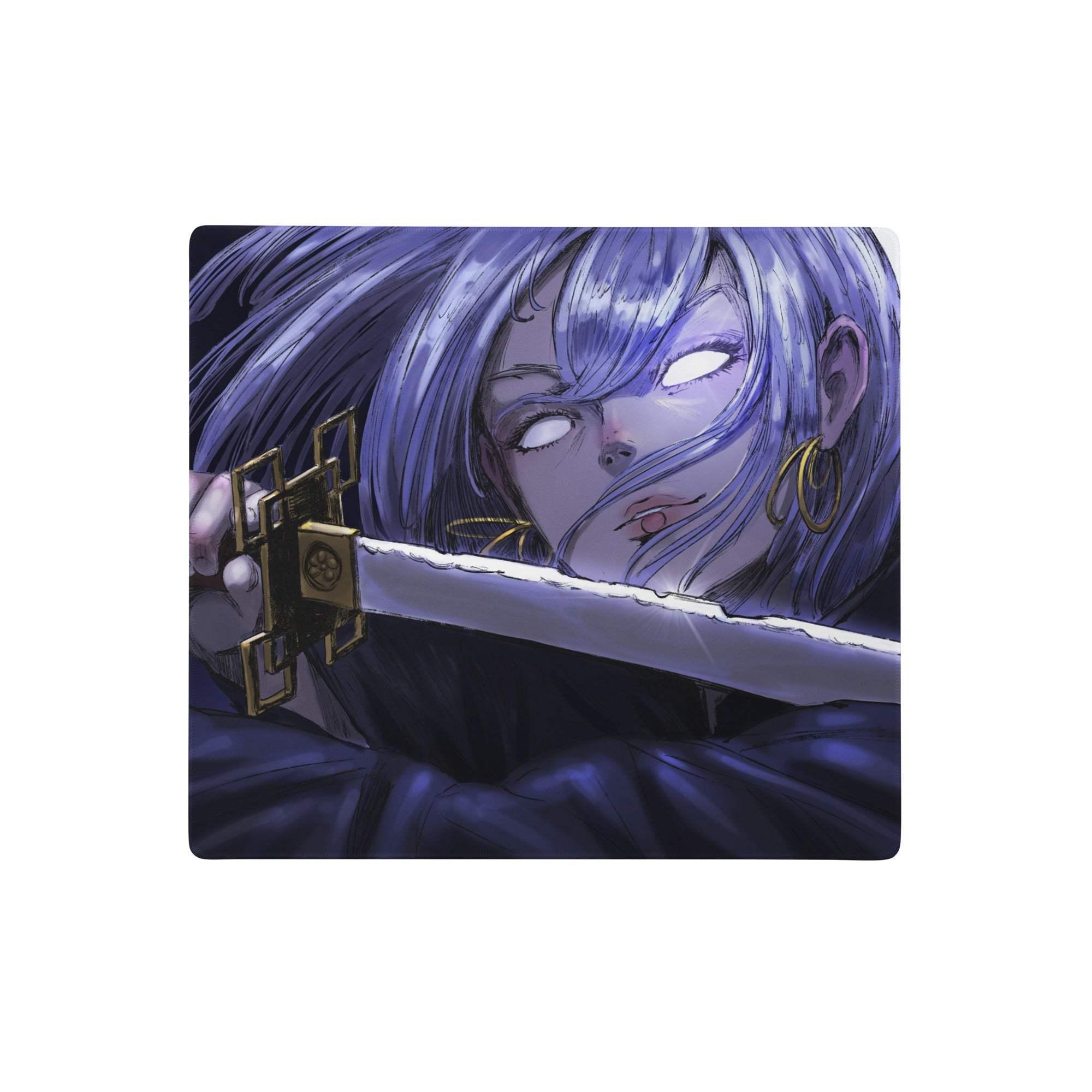 Purple anime gaming desk pad featuring a purple-haired character with glowing eyes and a golden sword hilt design