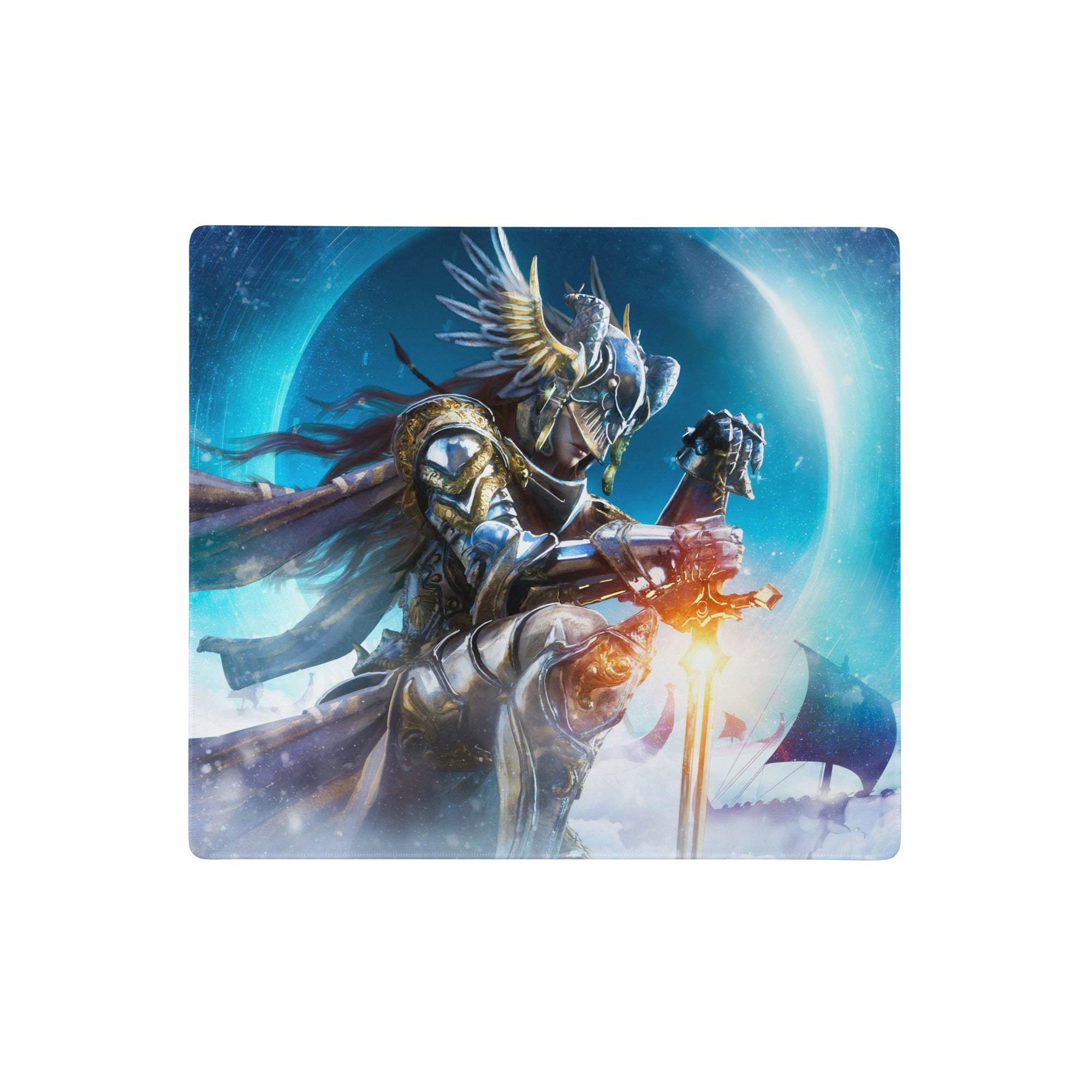 Blue and gold fantasy warrior-themed gaming mousepad featuring a dragon knight design for epic gaming setup decor