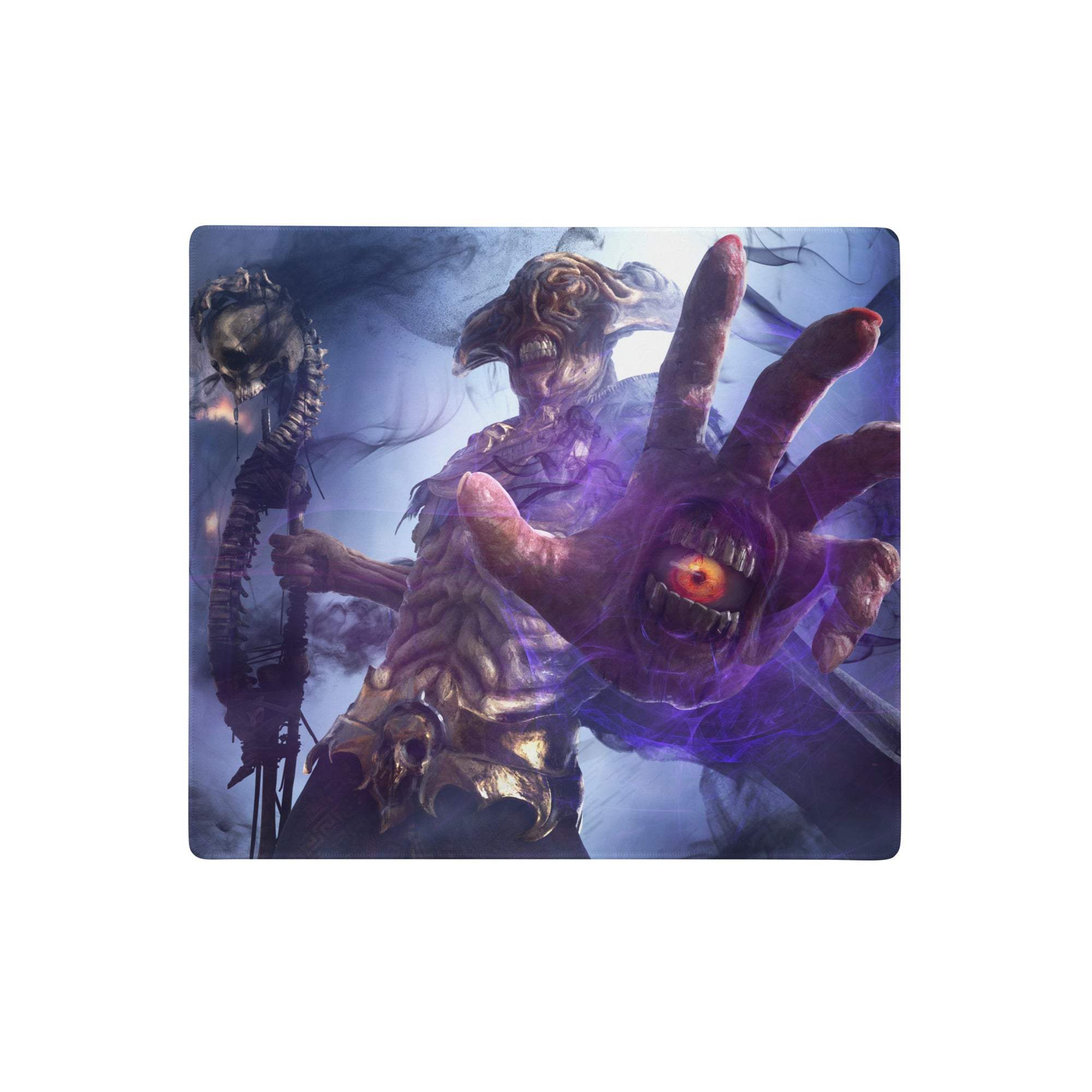 Gothic-themed rectangular mousepad with menacing skeletal figure glowing orange eye and purple energy effects for gaming desk