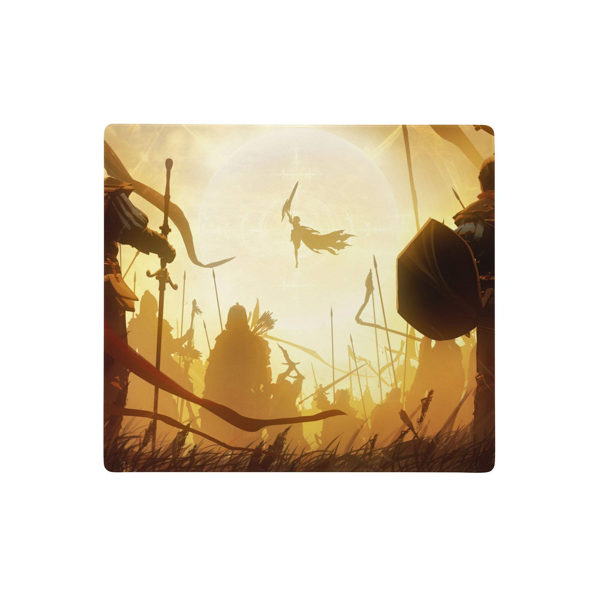 Golden-hued fantasy battle mousepad with warrior silhouettes and medieval weapons against a sunlit backdrop