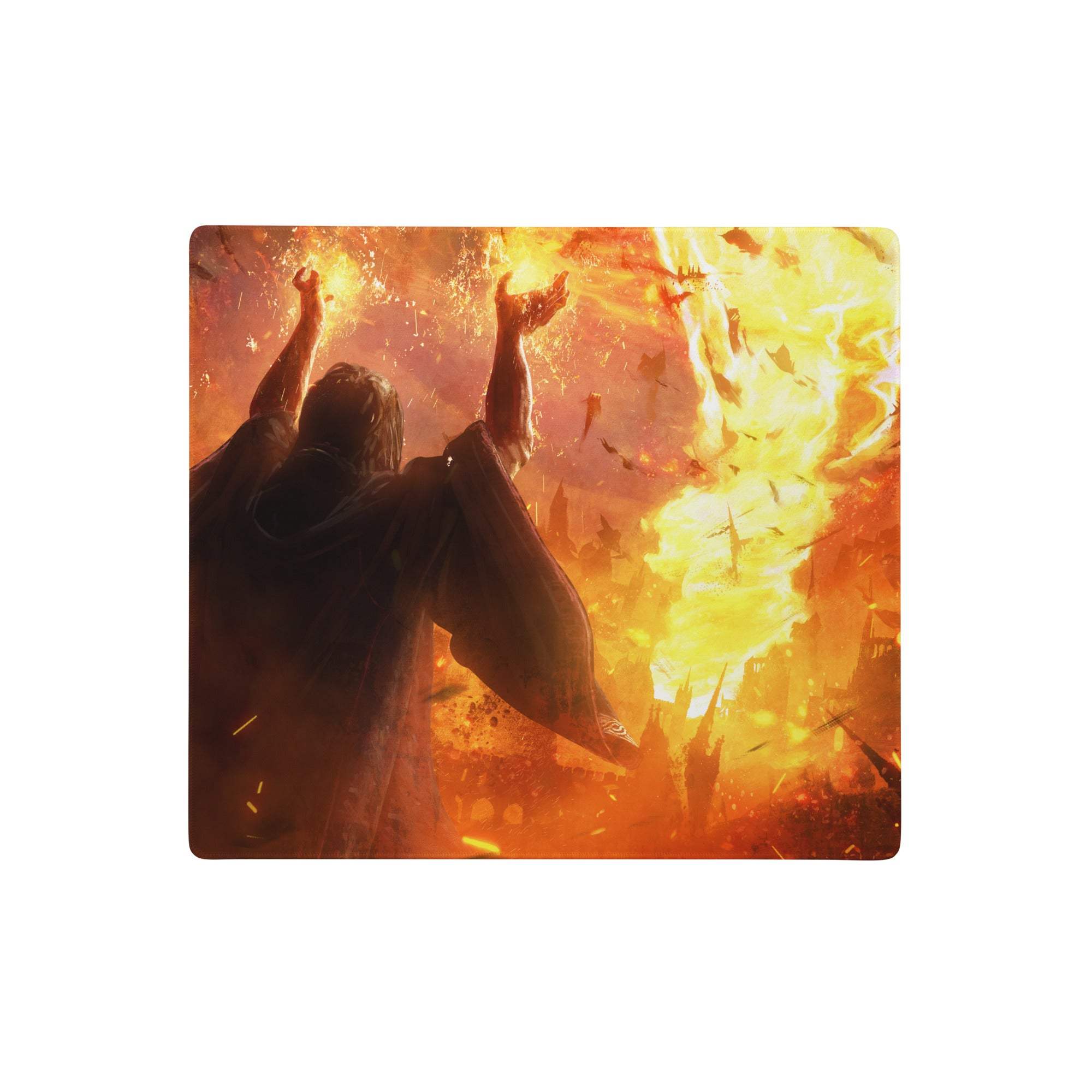 Fiery orange gamer desk pad featuring vibrant orange yellow digital art with a dark-robed figure on durable surface