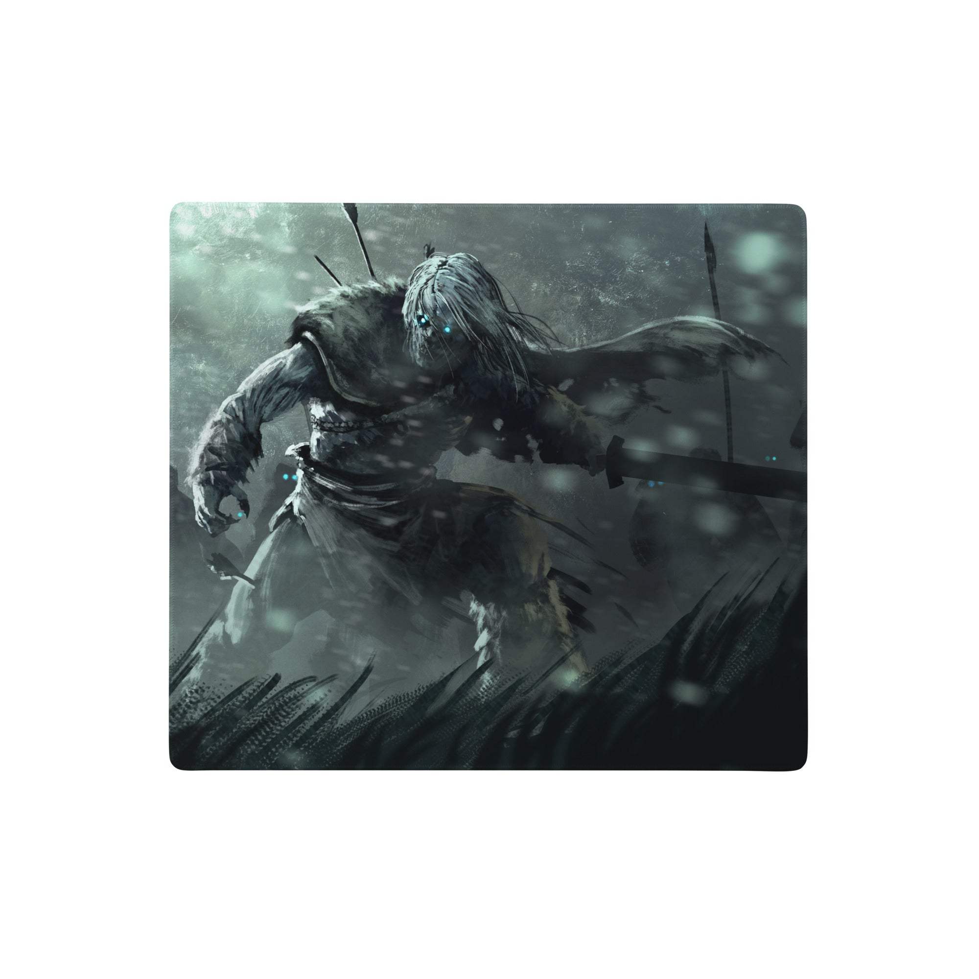 Dark gray rectangular mousepad featuring a detailed teal blue warrior illustration for modern sci fi desk setups