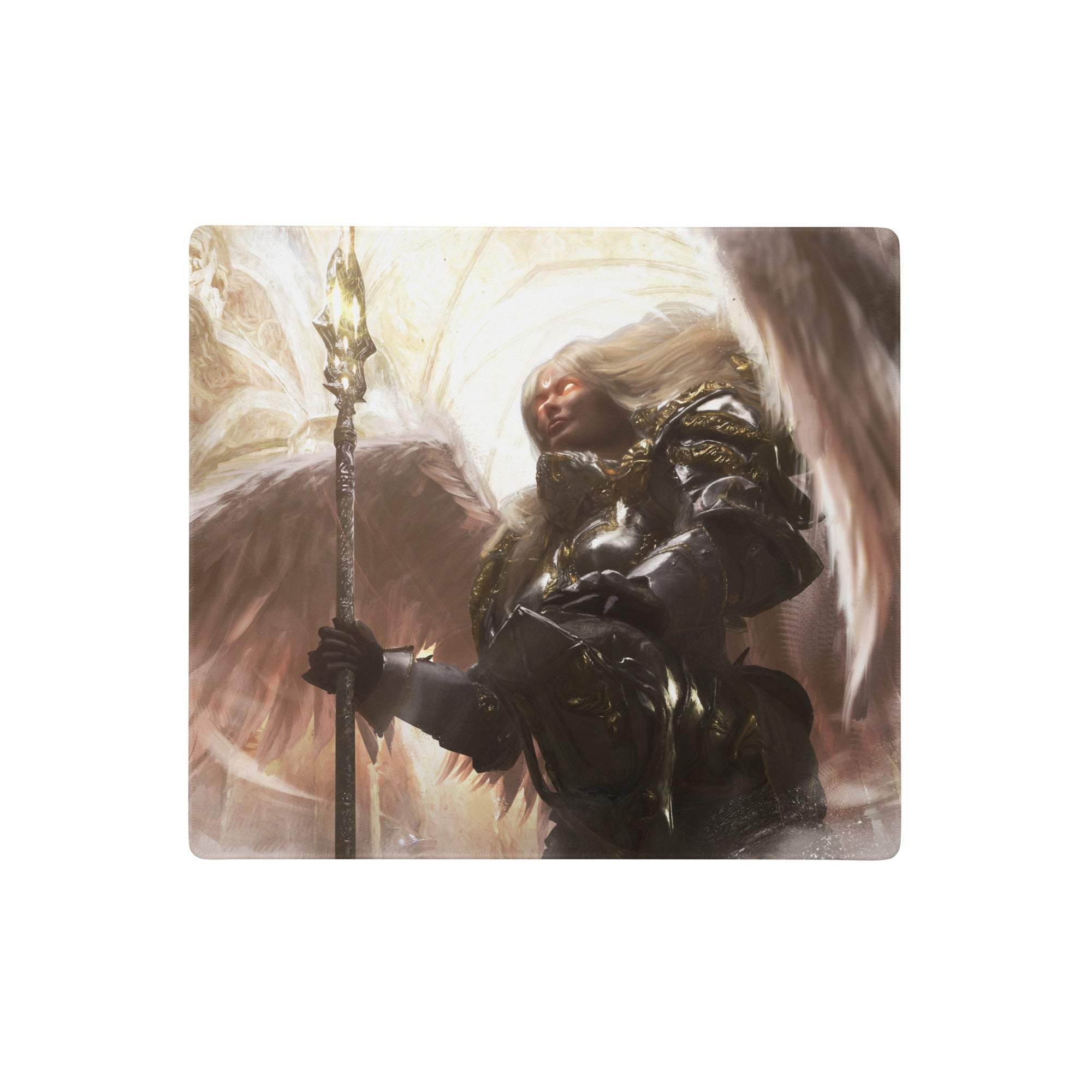 Black and gold rectangular gaming mousepad with an armored angel illustration for epic fantasy gaming setups