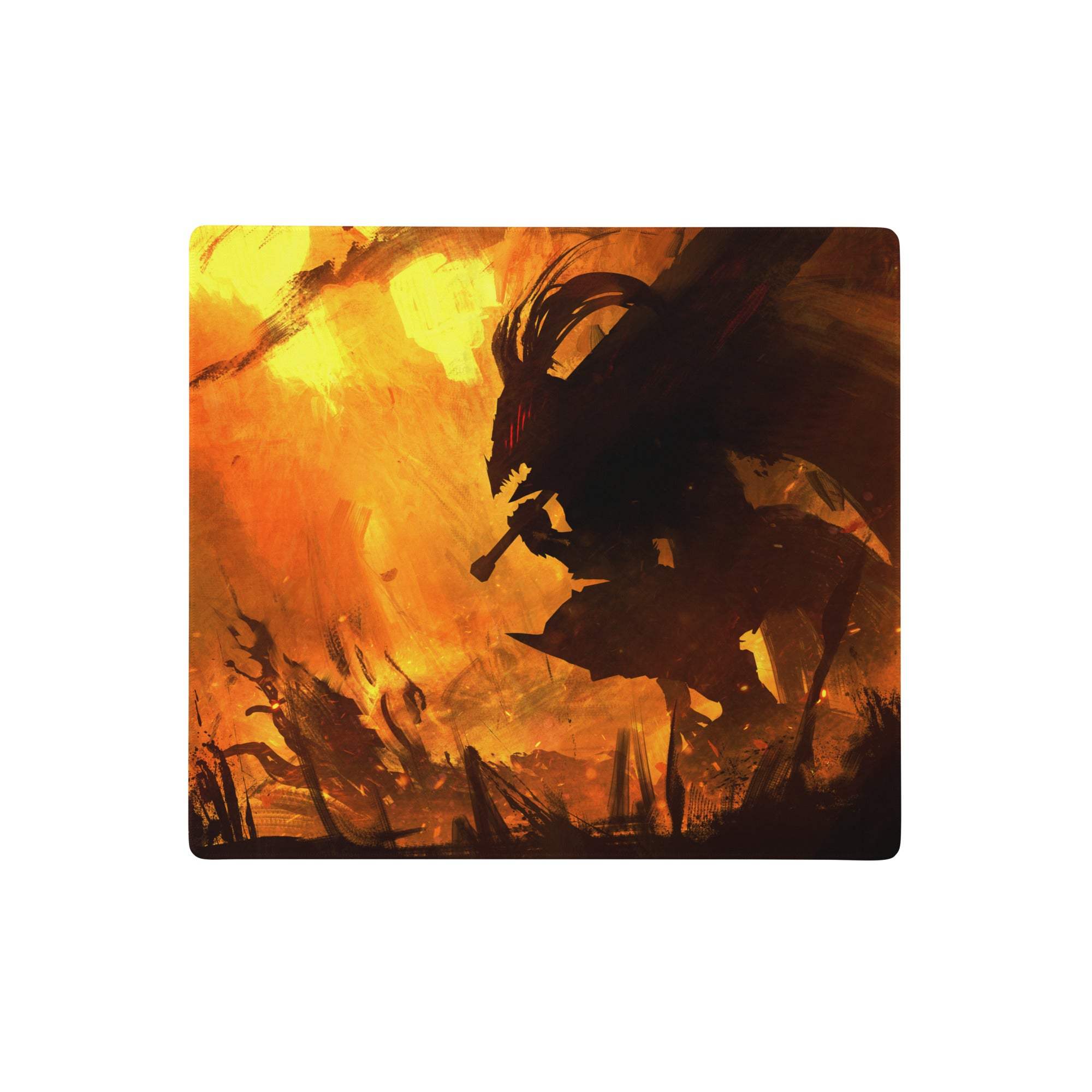 Inferno orange black gaming mouse pad with a dark fantasy creature silhouette and glowing red eyes on a fiery background