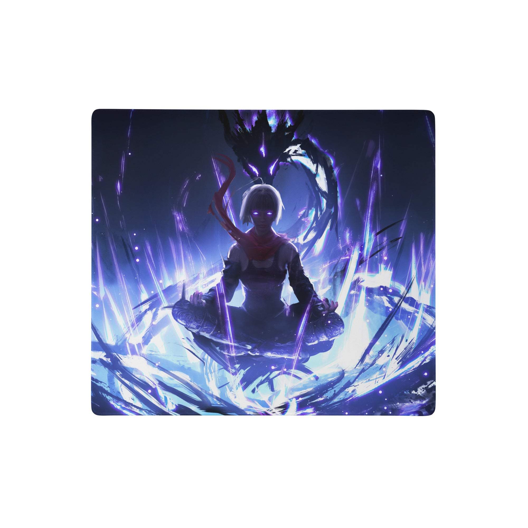 Purple and blue glowing anime-style cyberpunk gaming mousepad with meditative character and energy effects for desk gaming