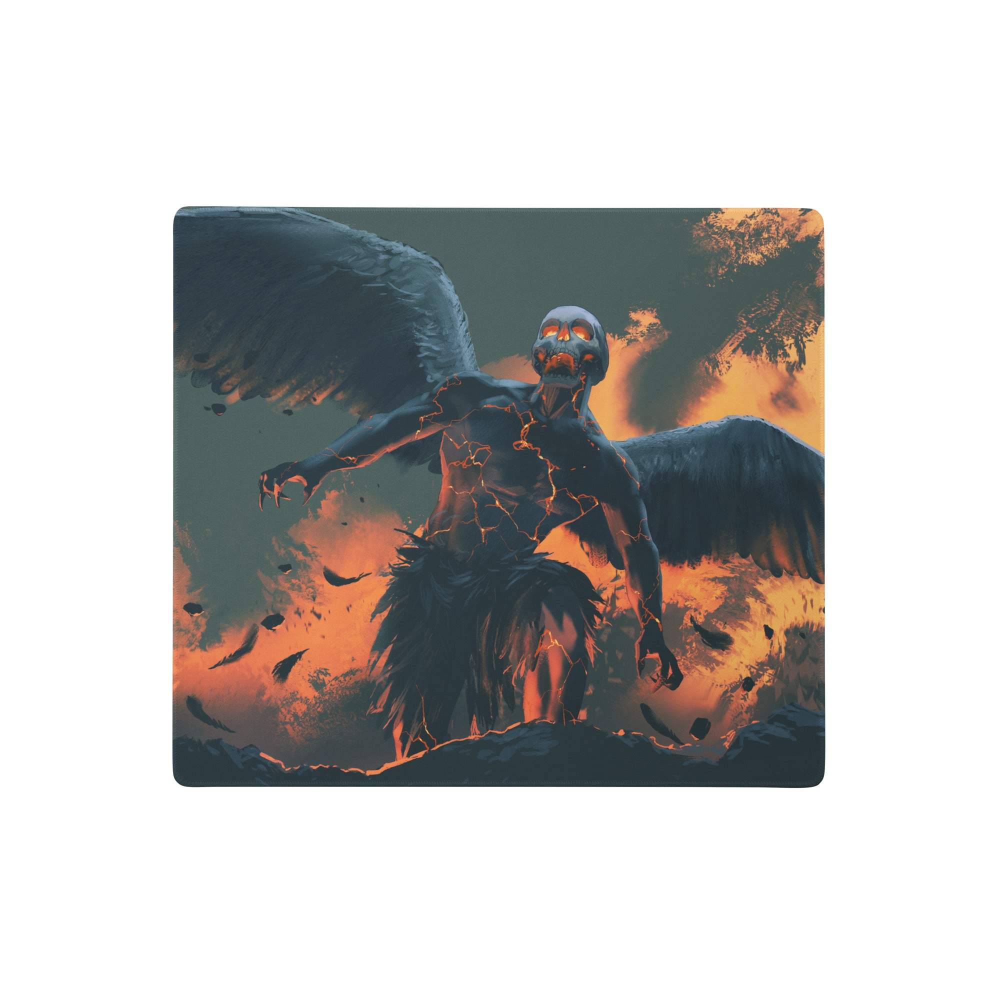 A rectangular lava demon flight desk pad with a dark winged skeletal figure glowing orange on fiery background