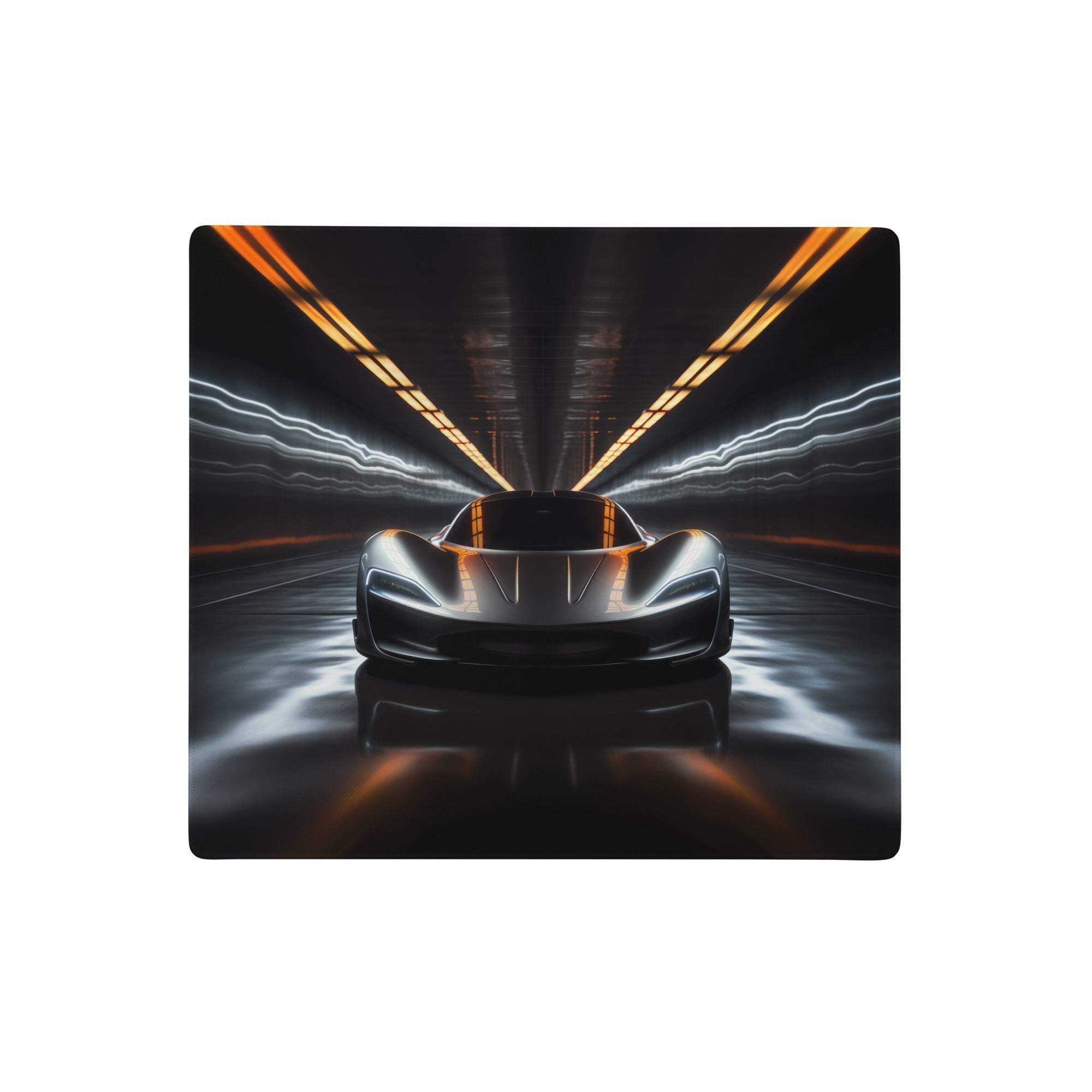 Neon velocity racer mouse pad featuring a sleek dark gray futuristic sports car with glowing orange accents on black