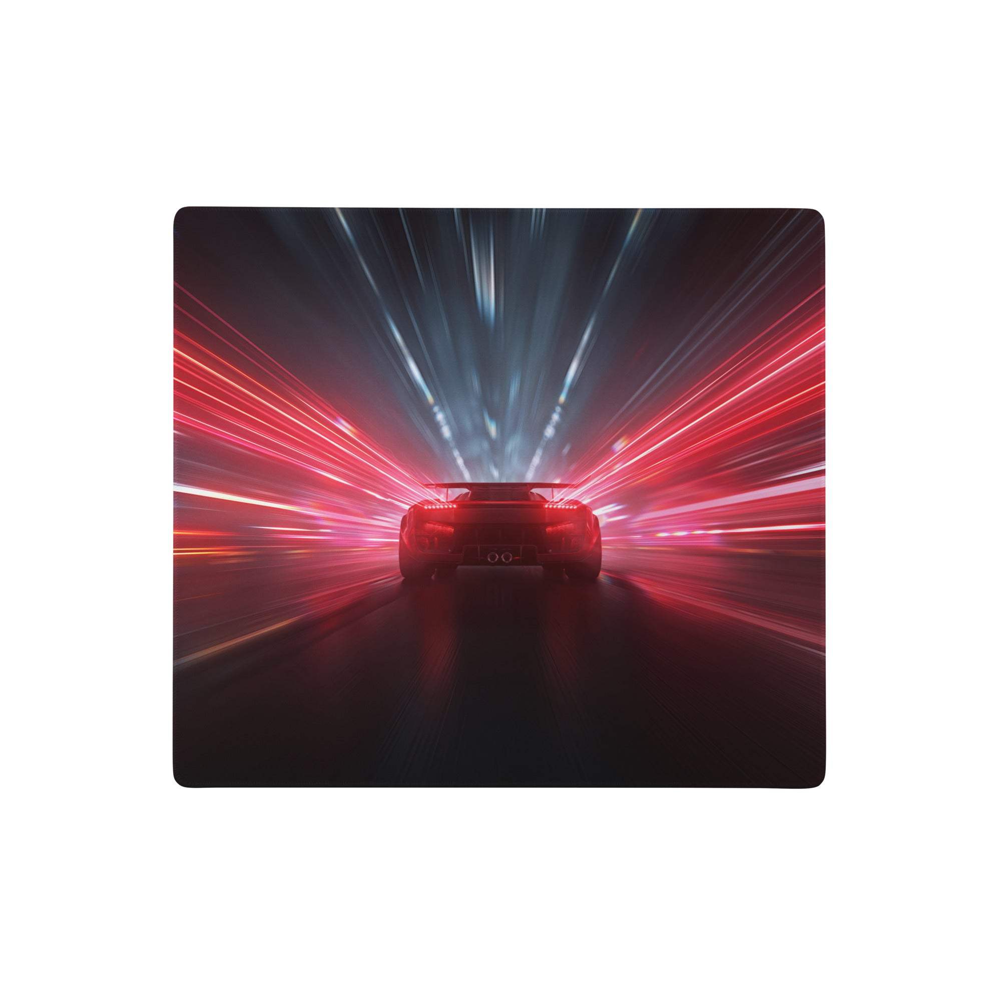 A sleek black bugatti hypercar with glowing red taillights speeds in a neon red blue cyberpunk mouse pad design