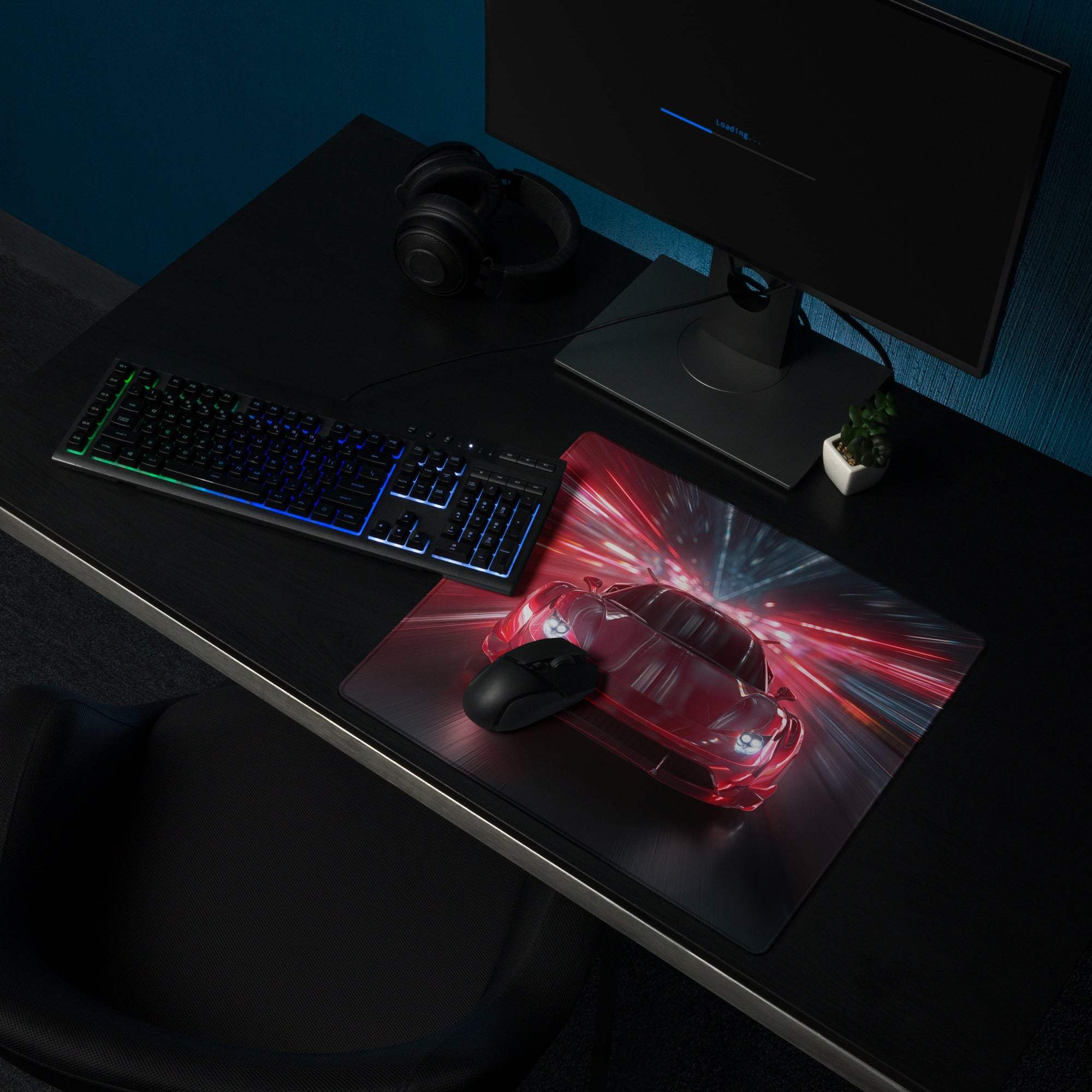 Neon red and blue racing car graphic mouse pad with cyberpunk style print for energetic office desk use
