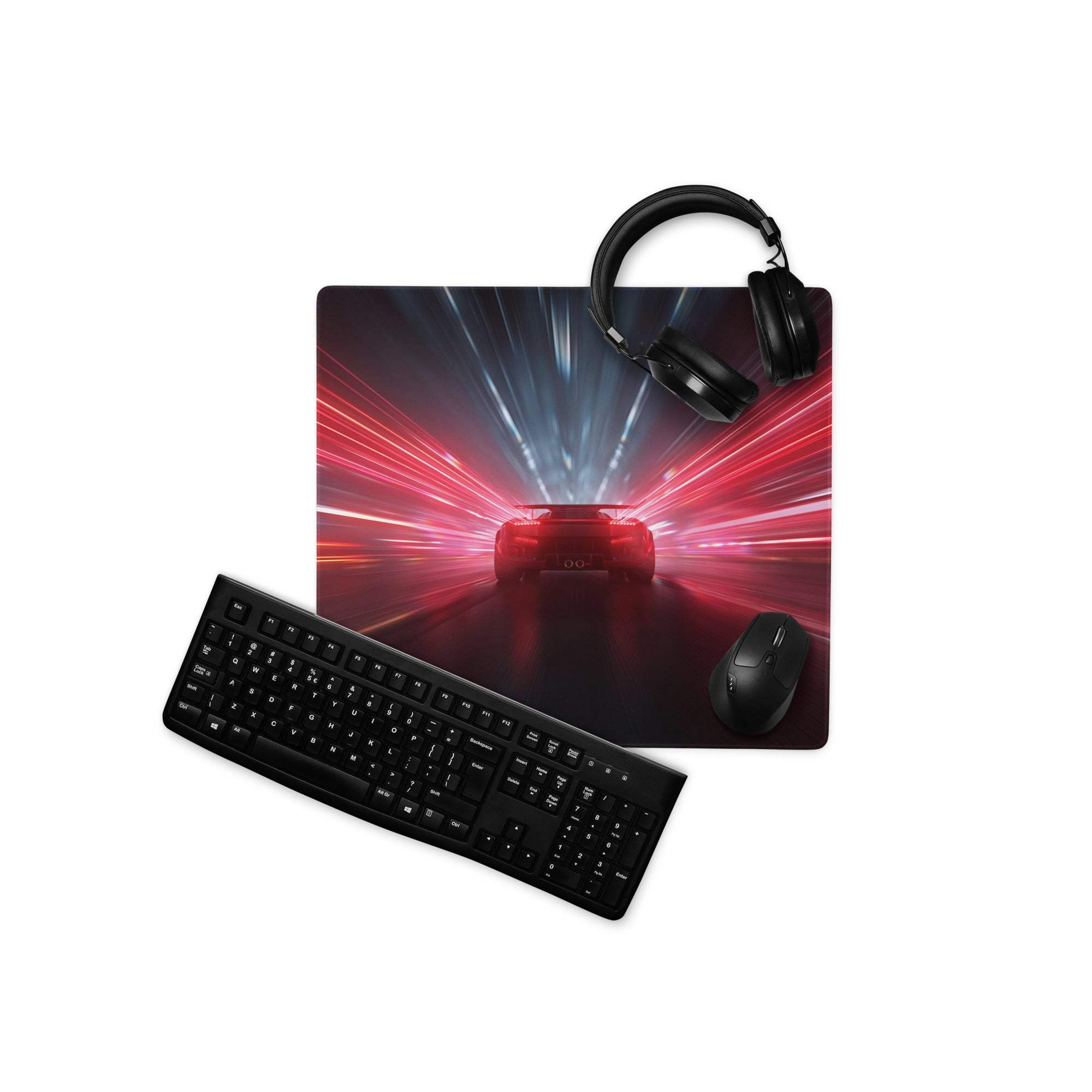 Black gaming mousepad with vibrant red and blue neon light tunnel and sports car design for cyberpunk esports desk setup
