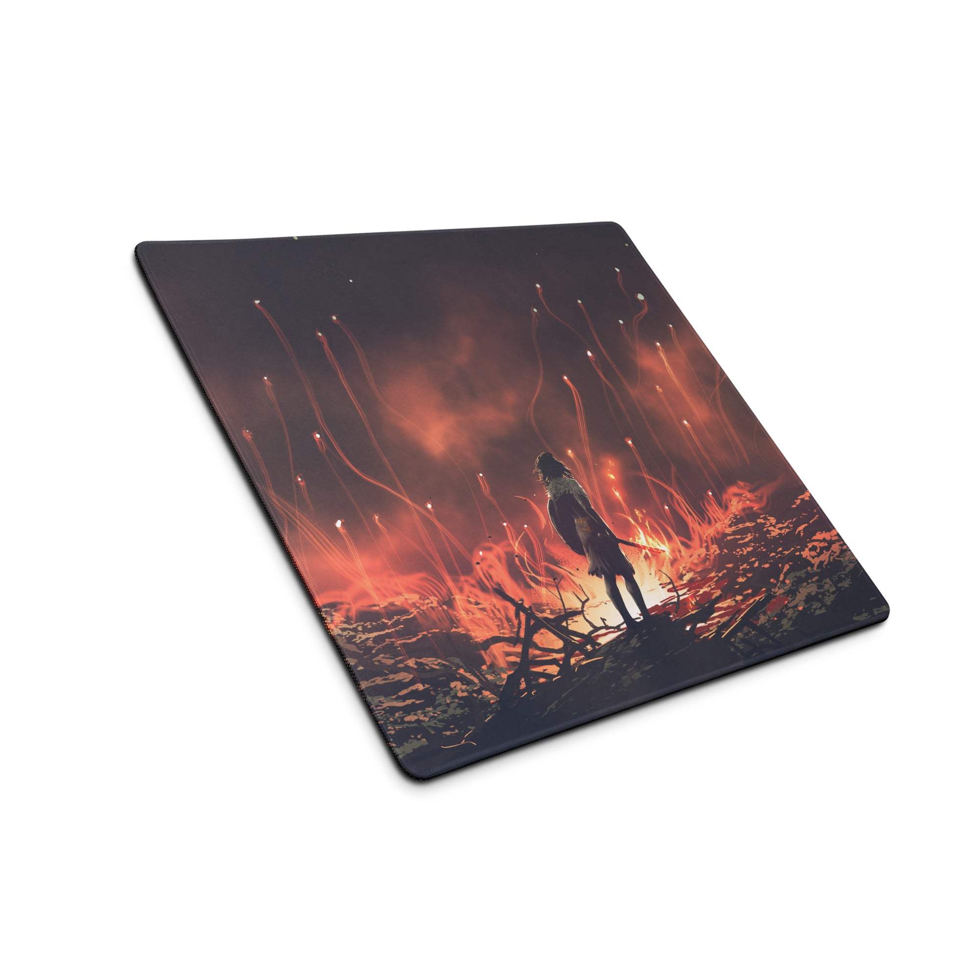 Ember night warrior black rectangular gaming mousepad with vivid fiery figure digital art on dark smoky background