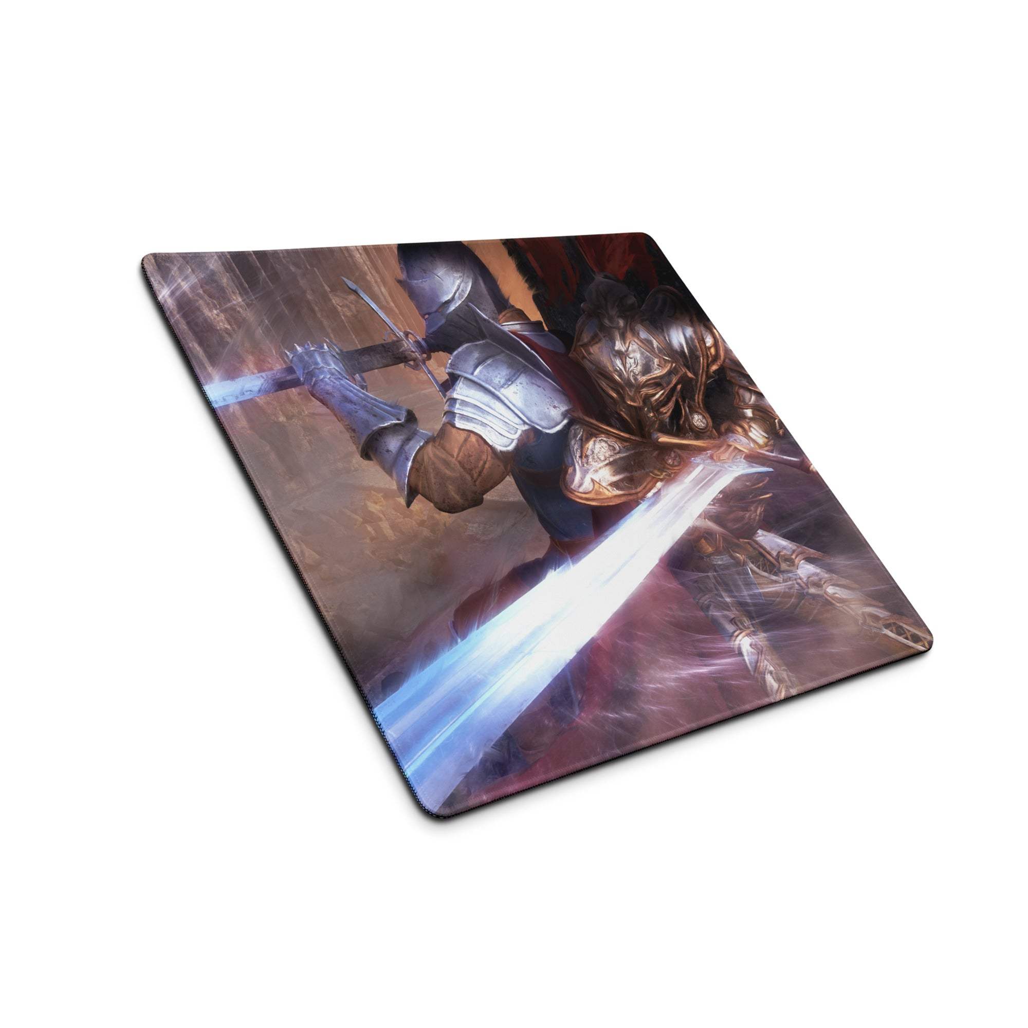 Rectangular knight battle painterly gaming mouse pad with blue and purple armored knights in epic medieval fantasy art
