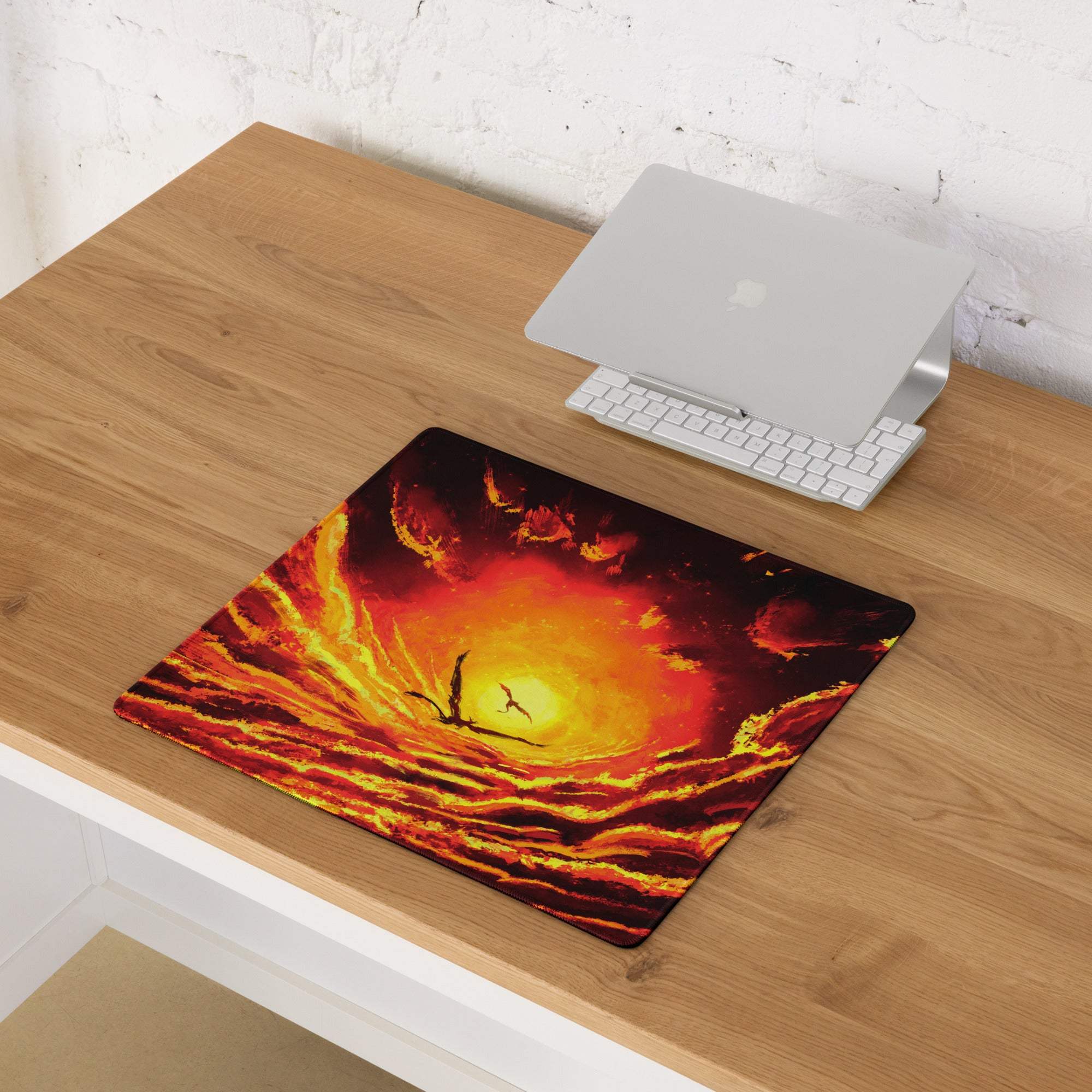 Rectangular inferno dawn lava mouse pad with vivid orange red fiery volcanic eruption and silhouetted figure design