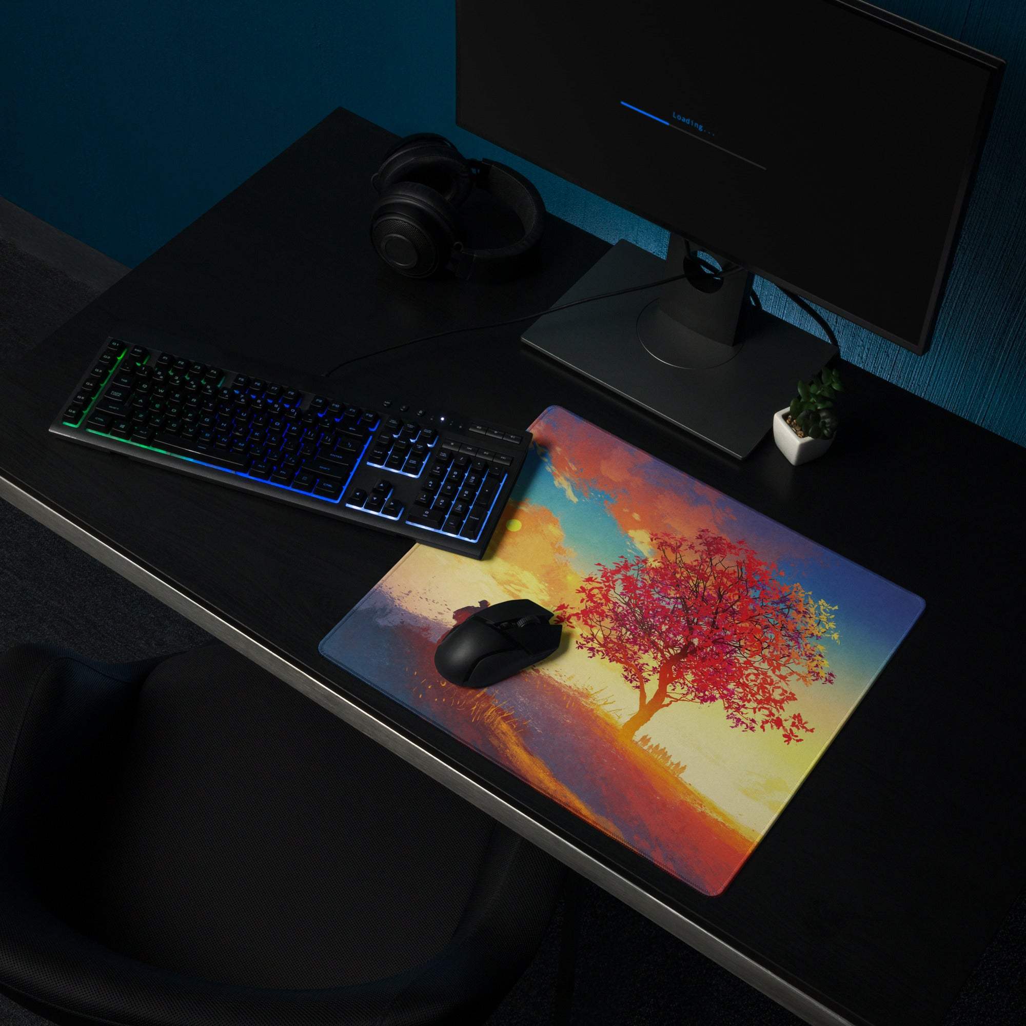 Rectangular sunset multicolor desk pad mouse pad with vibrant red orange tree and gradient blue yellow pink sky design