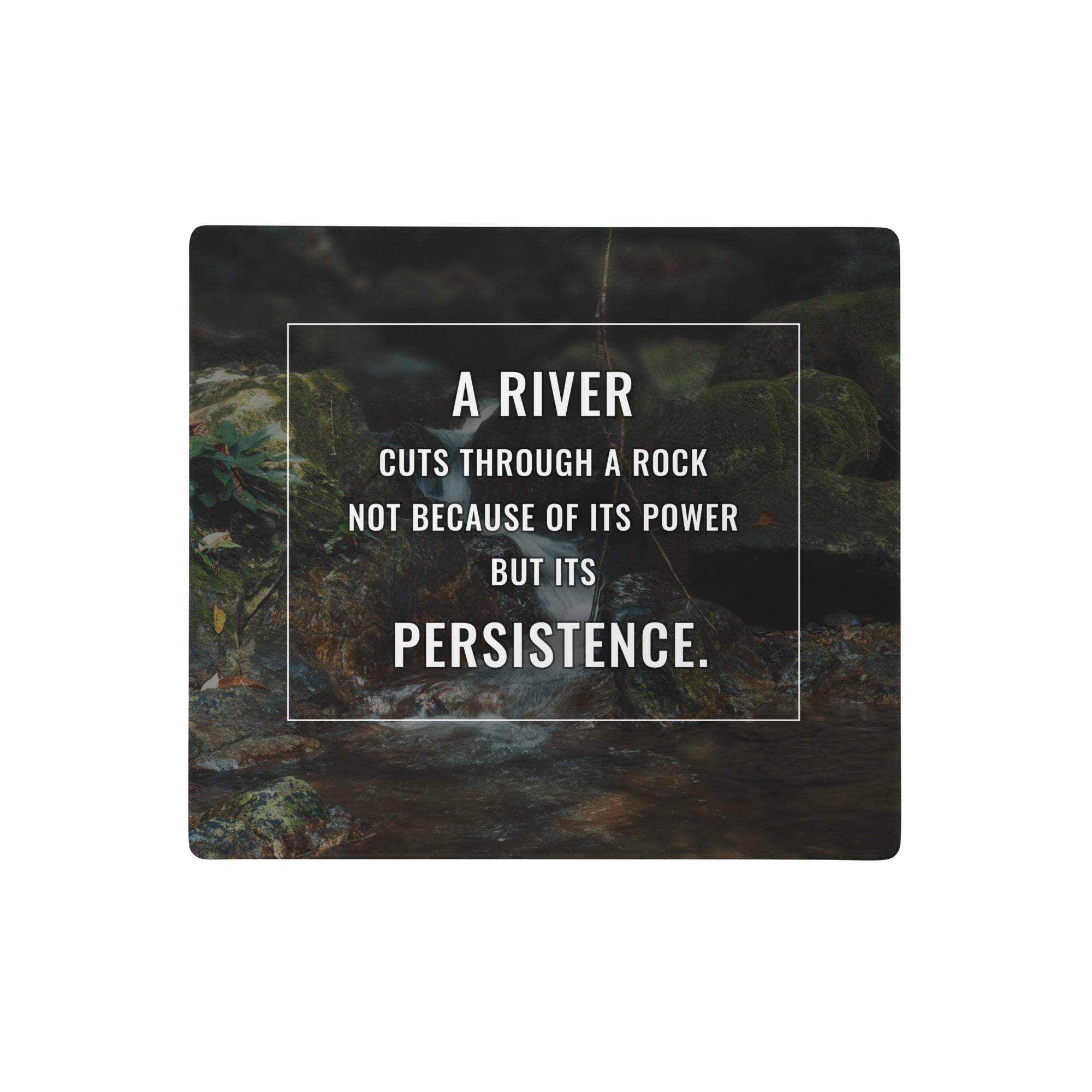 Dark-toned rectangular river green forest mouse pad printed with rocks and water nature photo and motivational typography