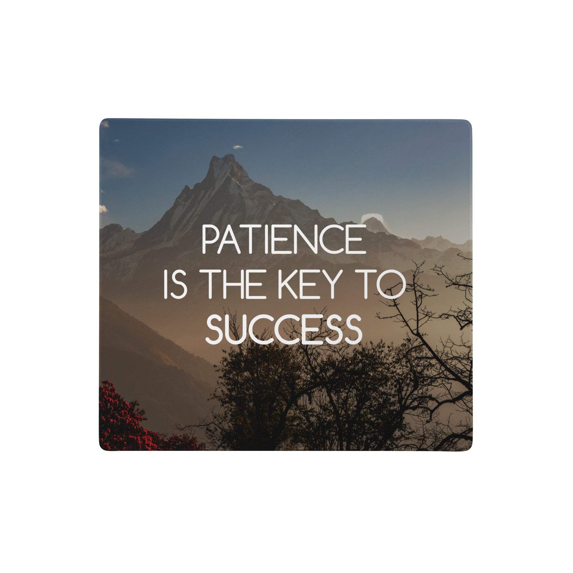 Mountain Sunset Motivation desk pad with glossy finish showing mountain landscape and patience is the key to success text