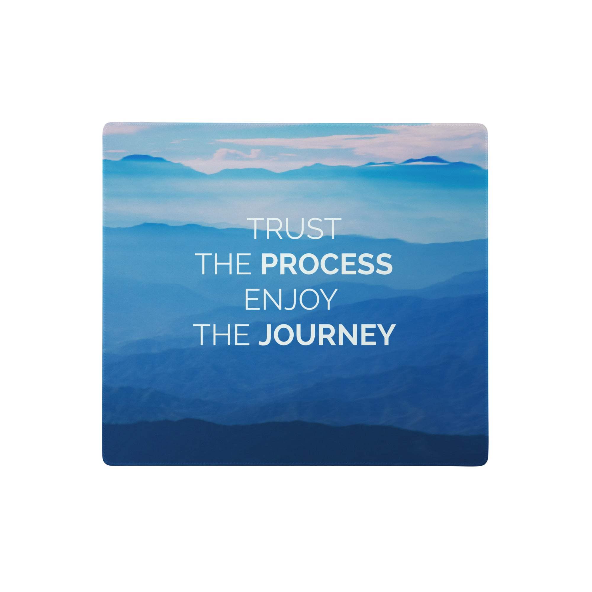 Blue gradient desk mouse pad with white motivational text trust the process enjoy the journey for office and gaming use